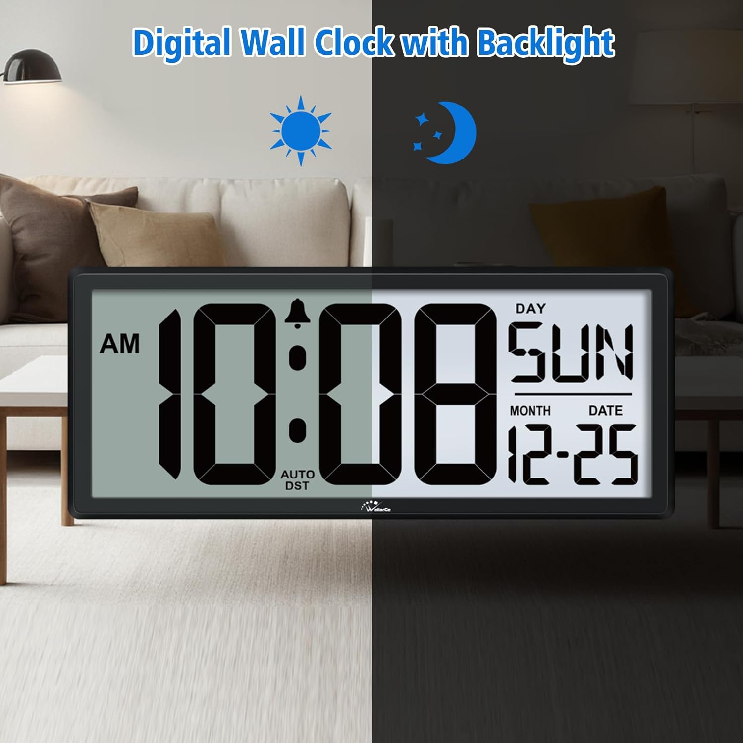 WallarGe 14.5'' Large Digital Wall Clock Battery Operated with Jumbo Numbers, Temperature and Date - Easy to Read and Set, Auto DST