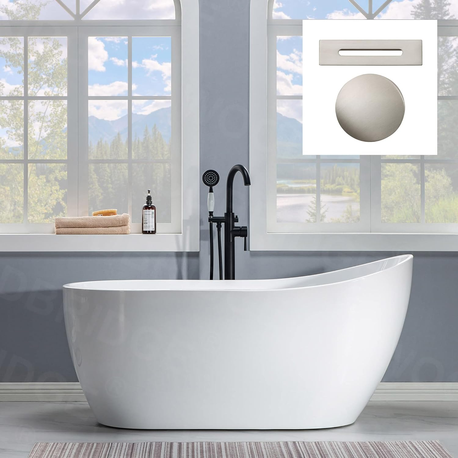 WOODBRIDGE 59" Acrylic Freestanding Bathtub Contemporary Soaking White Tub with Brushed Nickel Overflow and Drain,B1530-BN