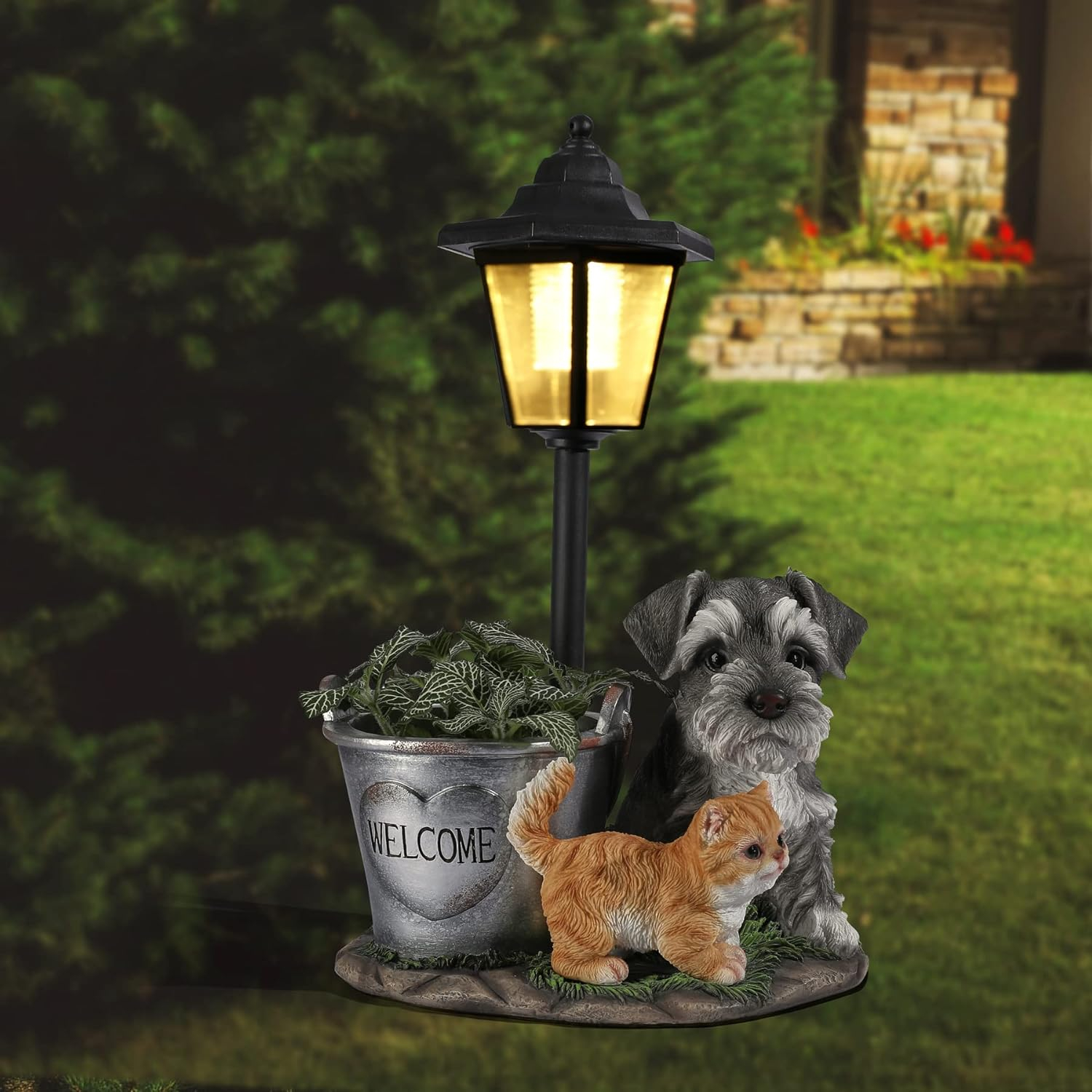 Lights And Flowerpot Funny Garden Decor Housewarming Gifts Lights For Patio Yard, Balcony Decorations (Dog And Cat)