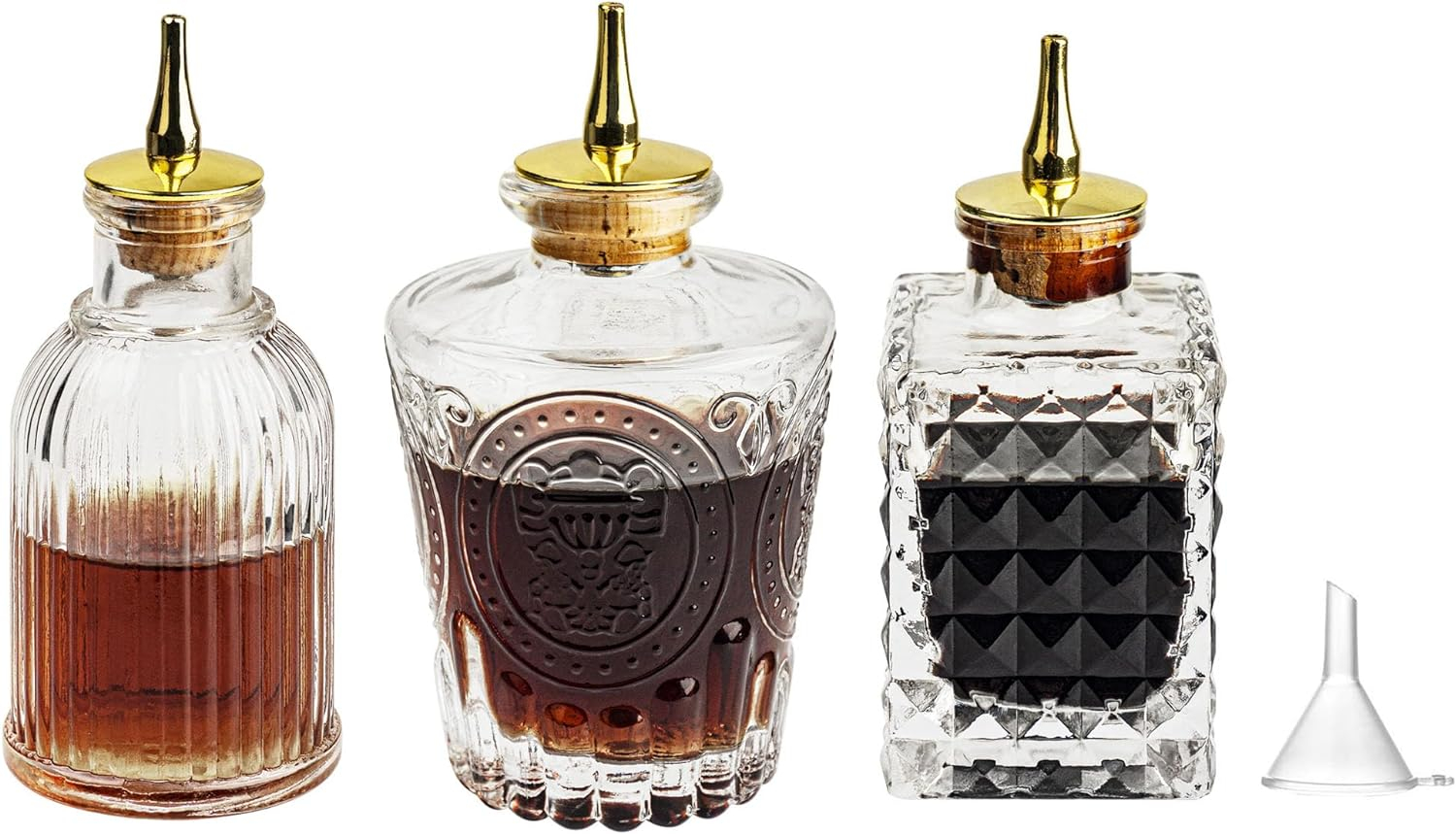 LINALL Bitters Bottle Set - Glass Vintage Bottle, Decorative Bottles with Dash Top, Dasher Bottles for Making Cocktail Great For Bartender Home Bar (3 pack)