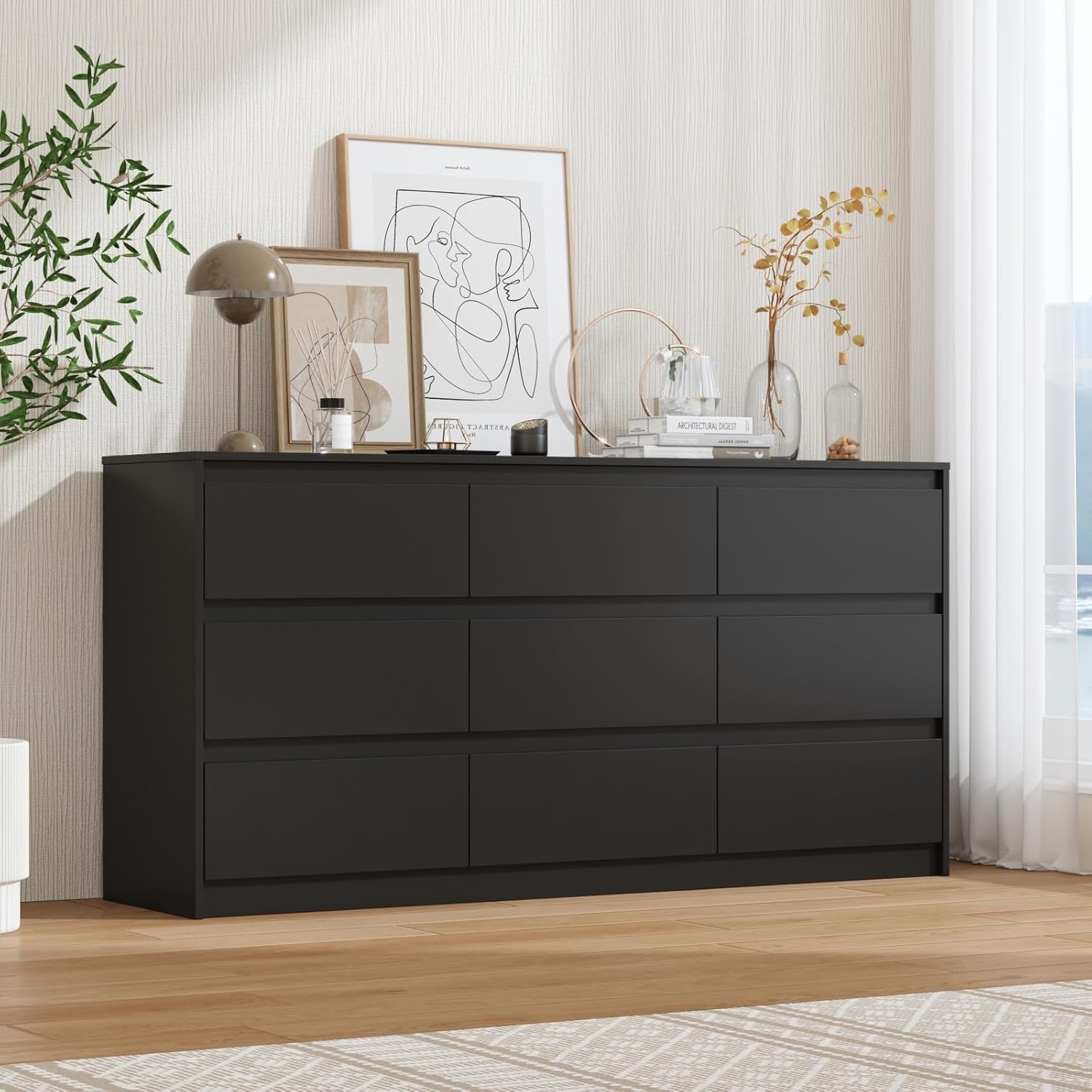 FAMAPY Chest of Drawers Dresser No Handles, 6 Drawer Dresser with Wide Storage, Modern Contemporary 6-Drawer Chest, for Bedroom Black (59”W x 15.7”D x 32.3”H)