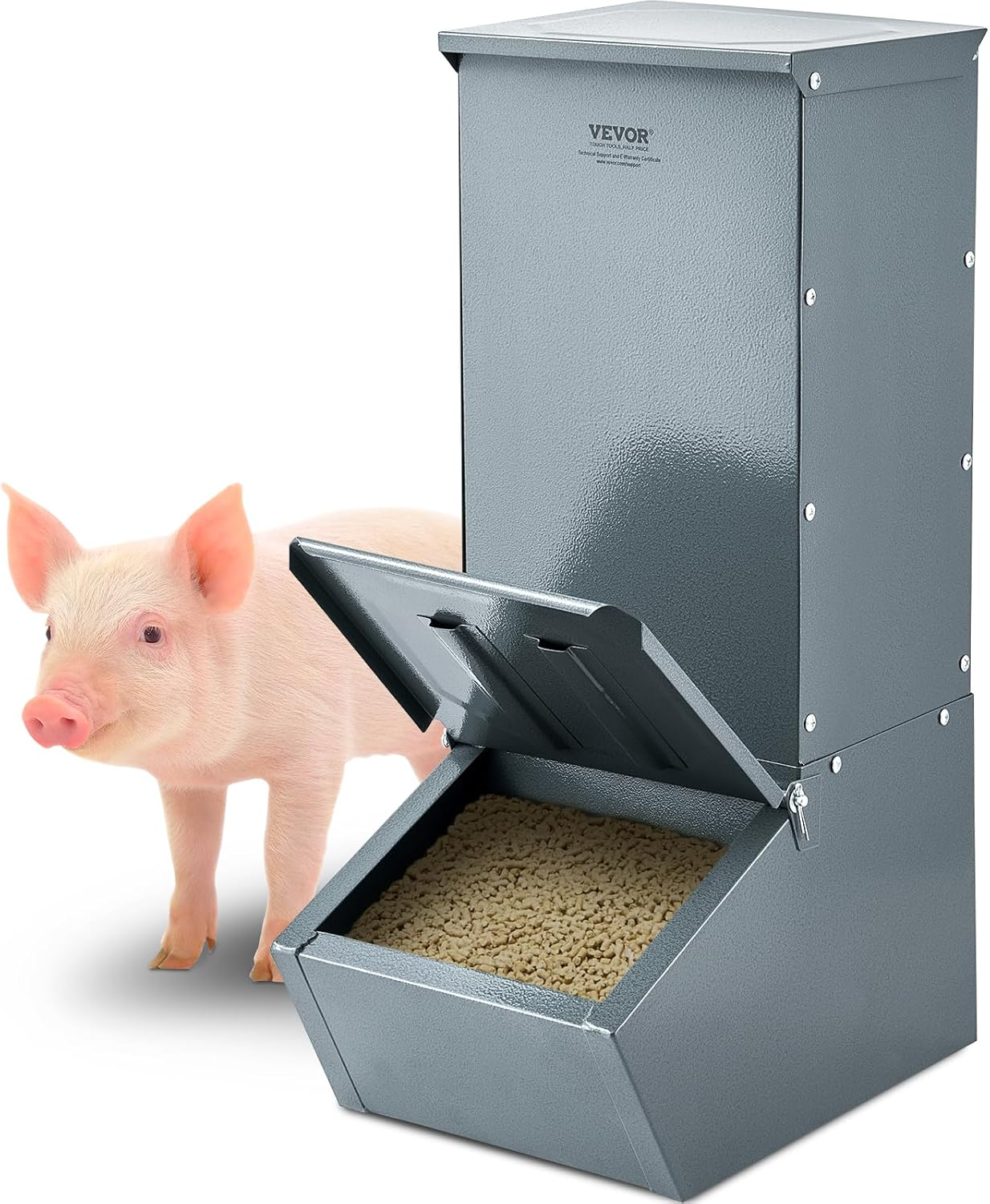 VEVOR Hog Feeder, 2.2 Bushel Capacity, Single Door Pig Feeder, Heavy Duty Steel Piglets Feeder, Multipurpose Trough Creep Feeder, Outdoor Livestock Feeder Farm Accessory for Feeding up to 5 Hogs
