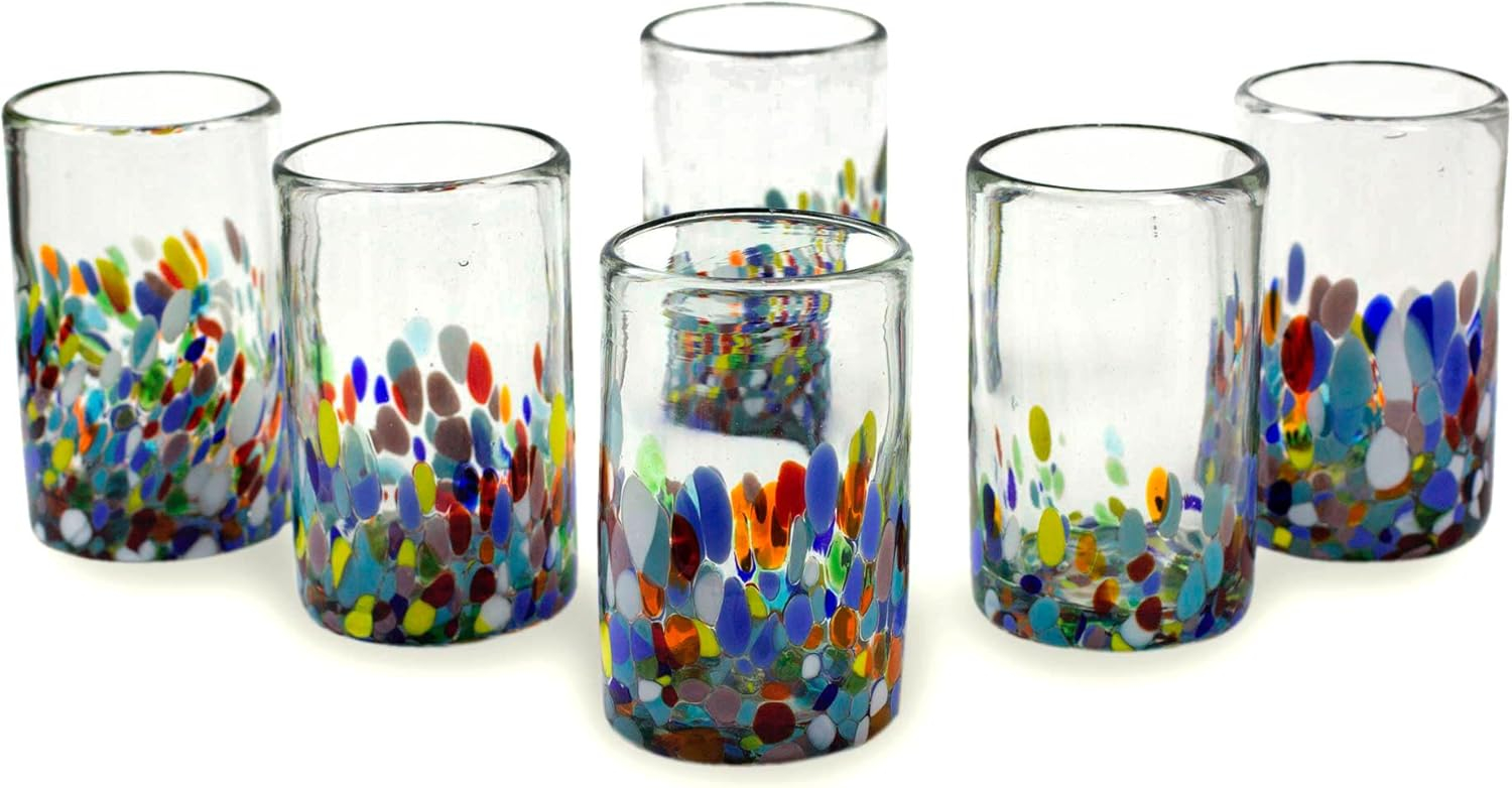NOVICA Artisan Crafted Recycled Hand Blown Glass Water Glasses, Multicolor, 14 Oz, 'Confetti' (Set Of 6)