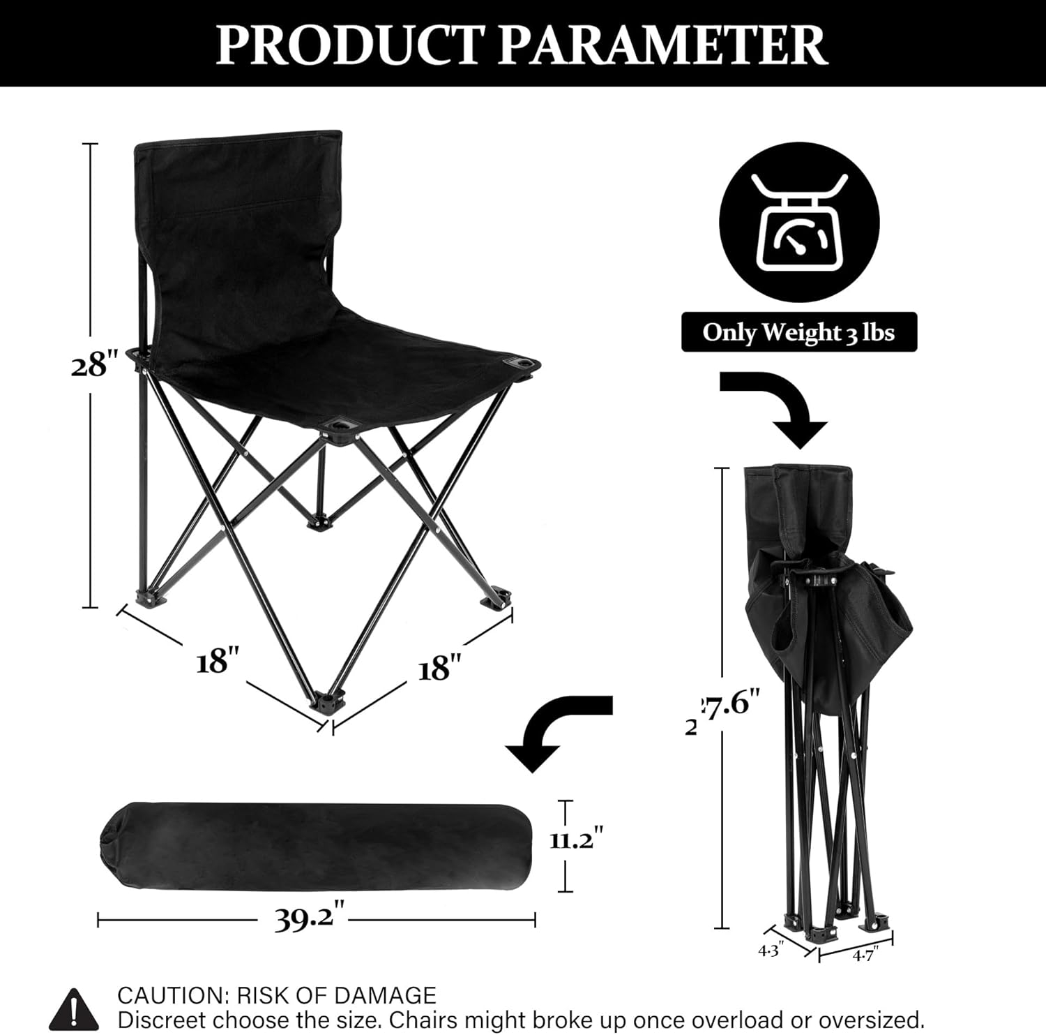 EUROCO Portable Folding Camping Chair Large Oxford Cloth Stool with Carry Bag and Collapsible Anti-Slip Padded for Beach, Hiking, Fishing, Gardening, Picnic, Black