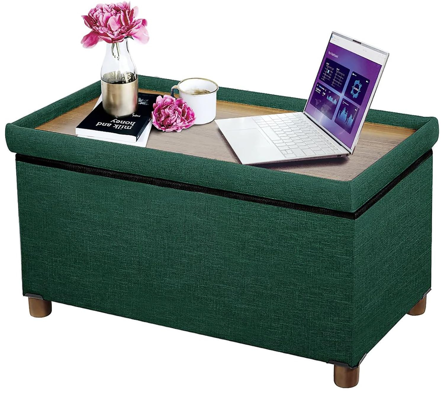 30 Inches Storage Ottoman Bench, Storage Bench with Wooden Legs for Living Room Ottoman Foot Rest Removeable Lid for Bedroom End of Bed, Linen Fabric Green Color