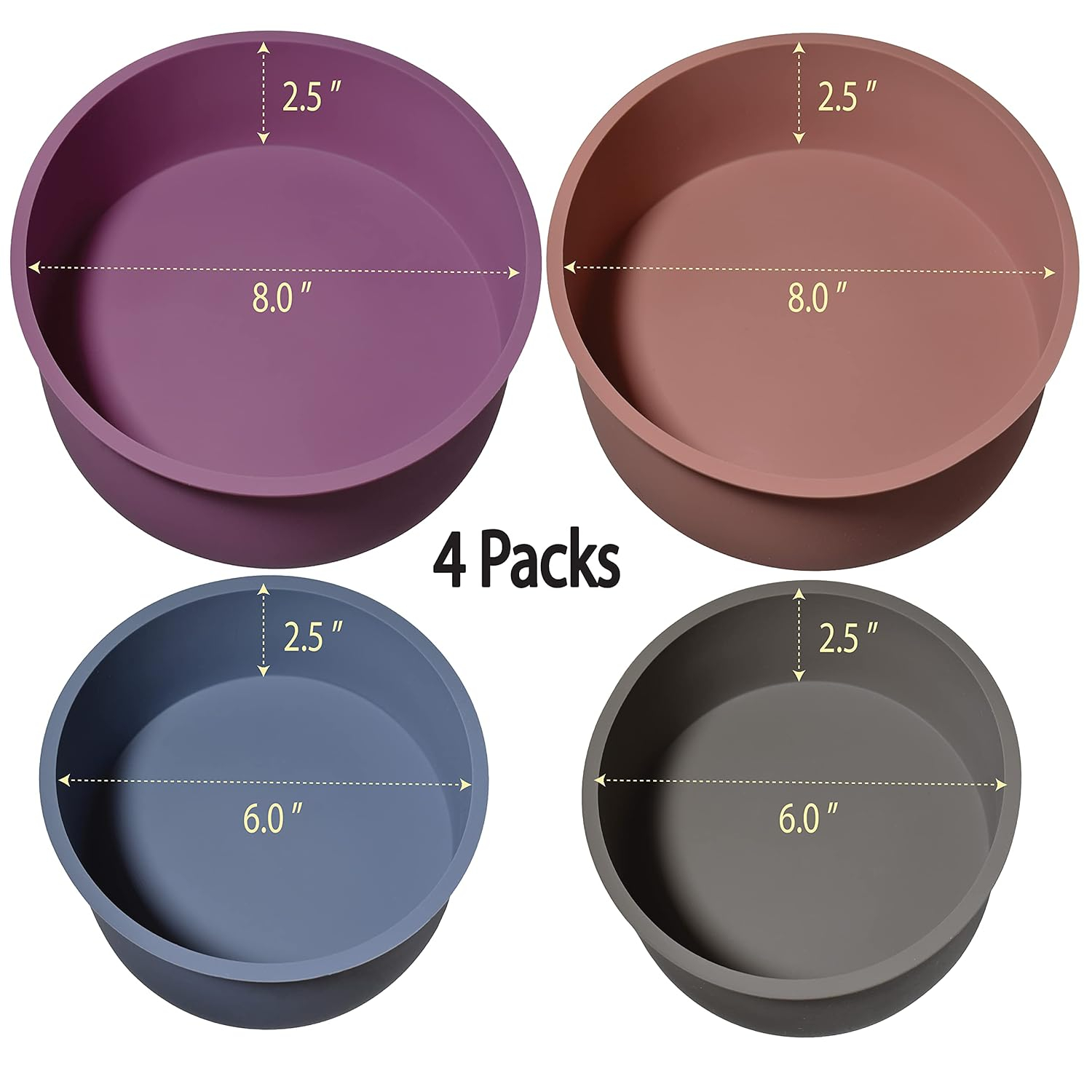 Round Silicone Cake Pans, Set of 4, Non-Stick Mold for Baking (6" x2pcs, 8" x2pcs)