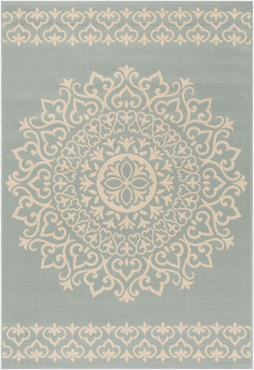 SAFAVIEH Beach House Lynette Medallion Indoor/Outdoor Area Rug, Cream/Aqua, 5'3" x 7'6"