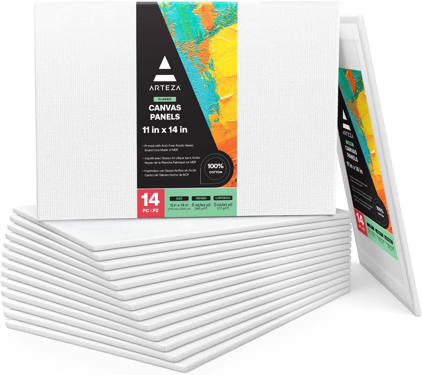 ARTEZA Canvas Boards for Painting, 11 x 14 Inches, Pack of 14, Blank White Canvas Panels for Acrylic, Oil and Gouache Painting