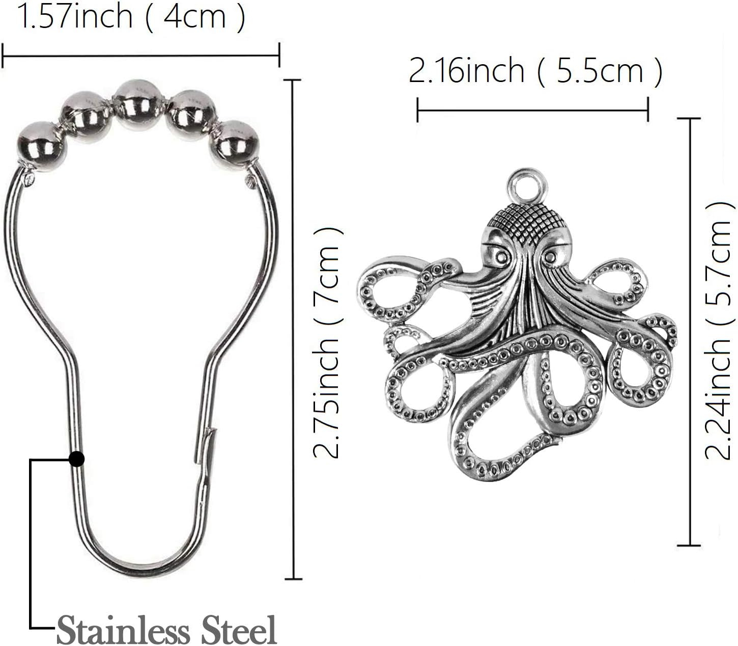 Set of 12 Octopus Shower Curtain Hooks Decorative Home Bathroom Squid Sea Creature Beast Stainless Steel Rustproof Brushed Nickel Rings with Octopus Decorative Accessories (Silver)
