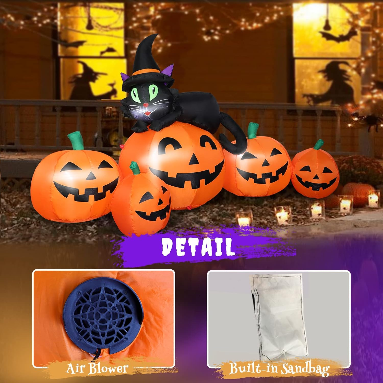 5FT Halloween Inflatable Pumpkin Outdoor Decoration, Lighted Blow Up Yard Decor, 5PCS Pumpkins with Witch’s Black Cat Built-in LED Lights for Balcony Home Holiday Party Lawn Patio Outside Events Prop