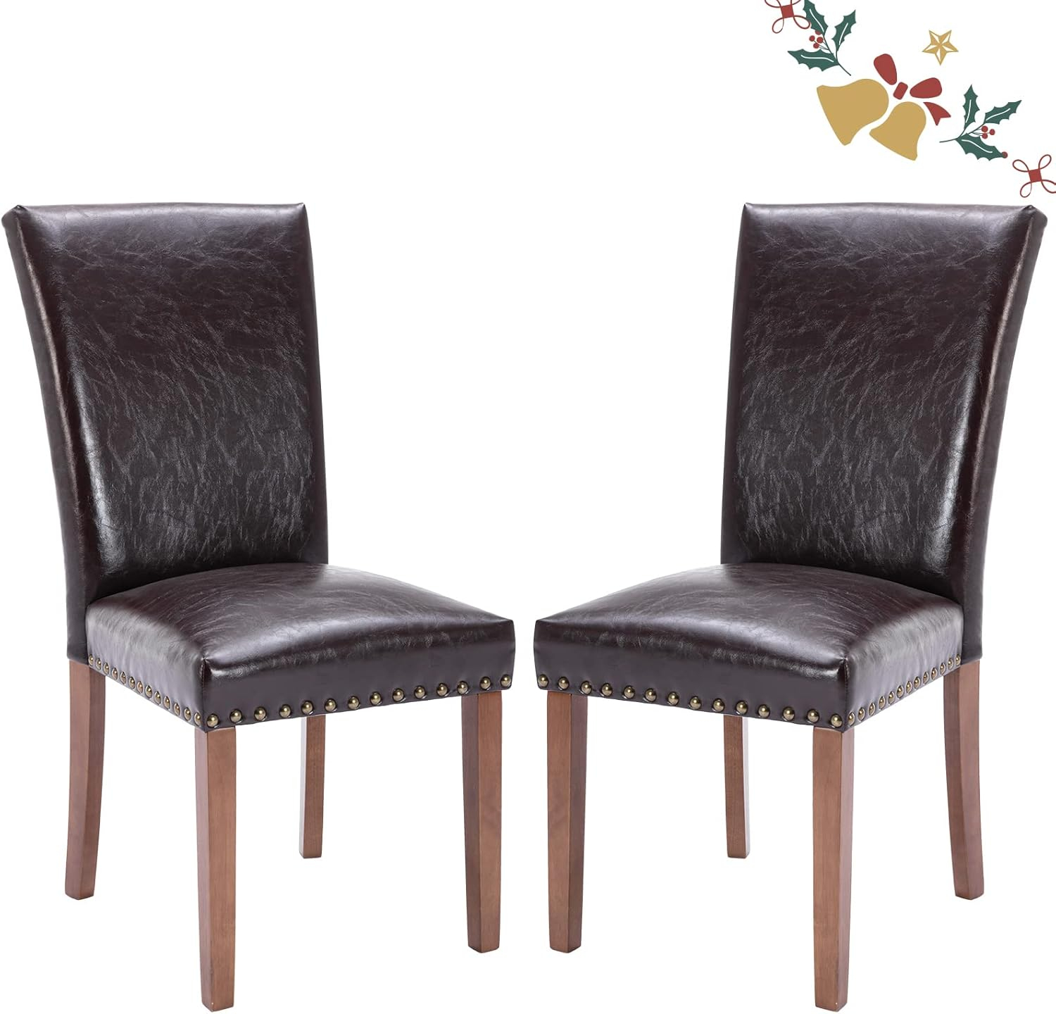 COLAMY Upholstered Parsons Dining Chairs Set of 2, PU Leather Dining Room Kitchen Side Chair with Nailhead Trim and Wood Legs - Dark Brown