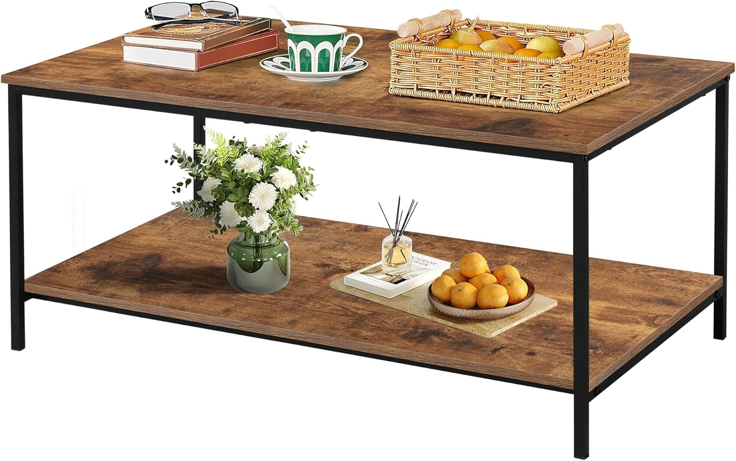 SENIG 2-Tier Coffee Table with Storage Shelf for Living Spaces, Brown Rectangle Wood and Sturdy Metal Side End Table, Functional Center Table for Living Room, 39.3 x 20 x 16