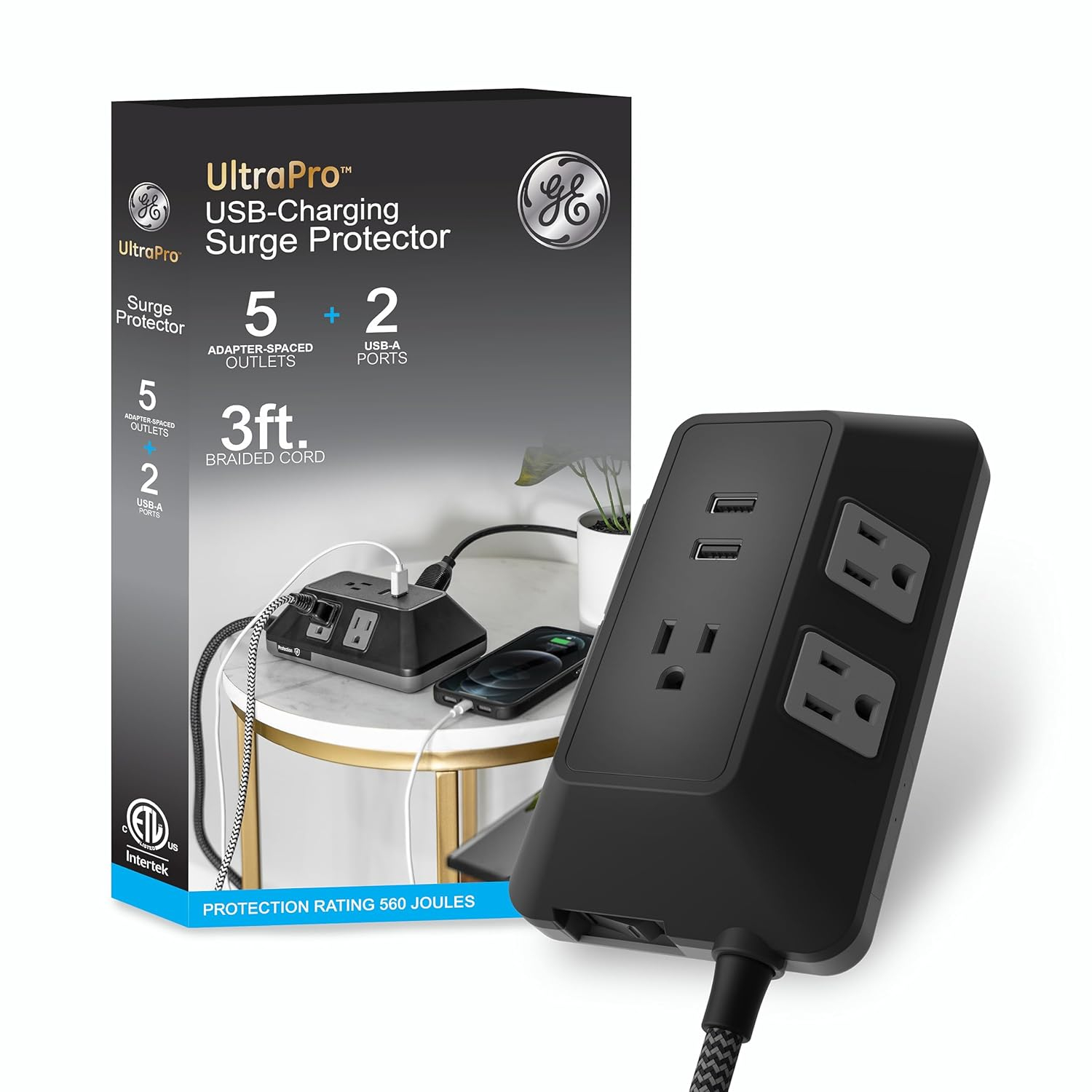 GE Adapt 5-Outlet Surge Protector Power Strip, USB Hub, 3ft Braided Cord, Black