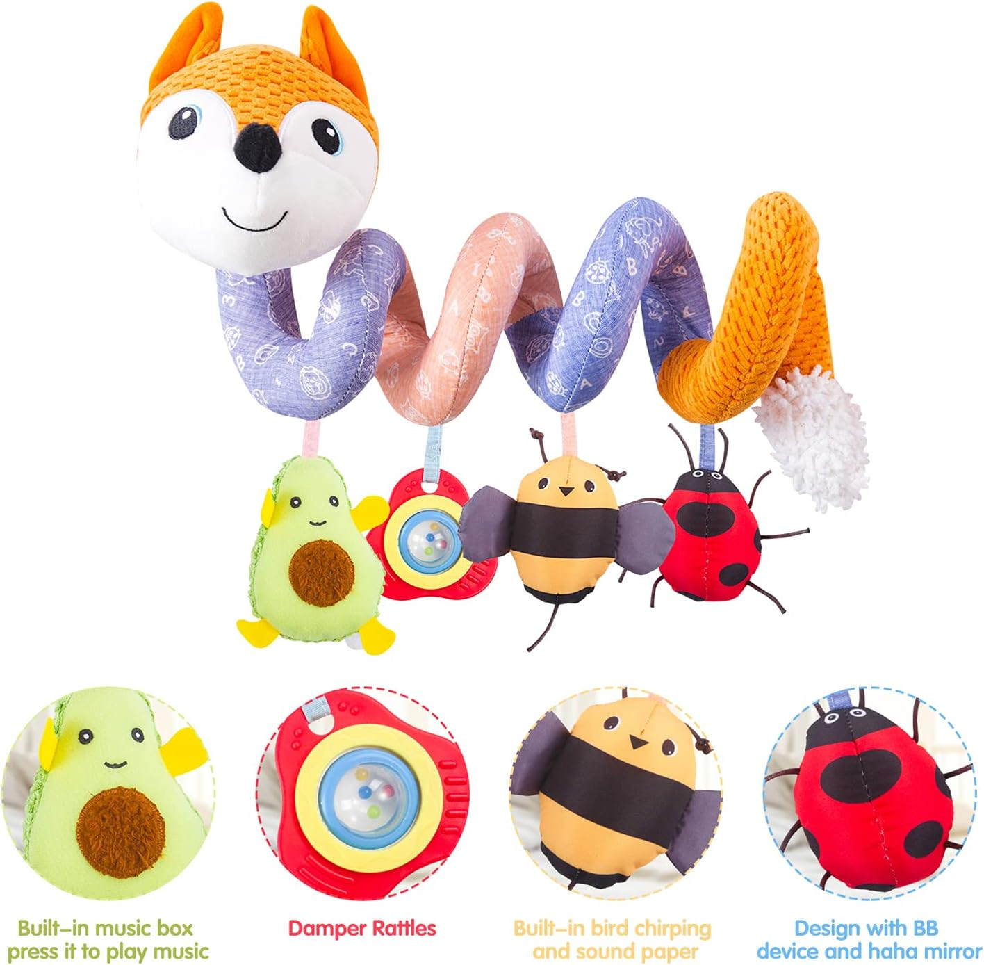 HILENBO Car Seat Toys, Infant Baby Orange Fox Spiral Plush Activity Hanging Toys for Car Seat Stroller Bar Crib Bassinet Mobile with Music Box BB Squeaker and Rattles?Orange?