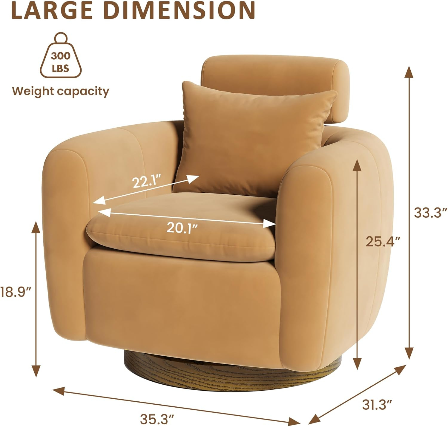 Oversized Camel Brown Velvet Swivel Barrel Accent Chair