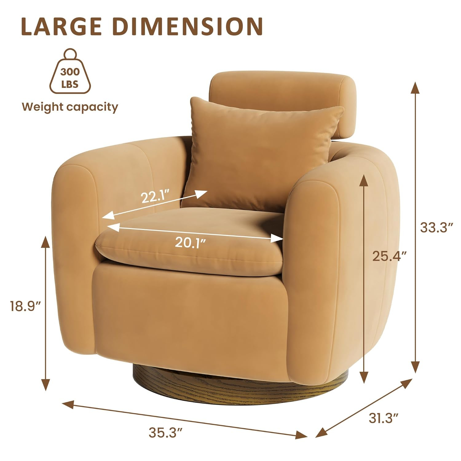 Oversized Camel Brown Velvet Swivel Barrel Accent Chair
