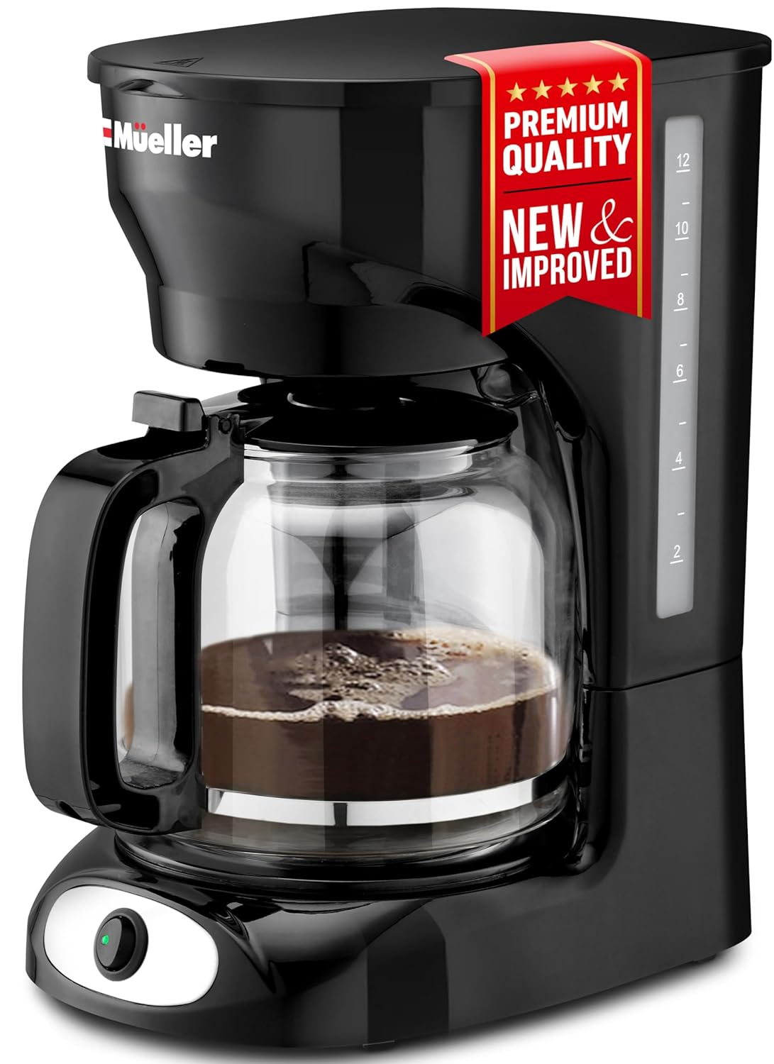 Mueller 12-Cup Drip Coffee Maker - Borosilicate Carafe, Auto-Off, Reusable Filter, Anti-Drip, Keep-Warm Function, Clear Water Level Window Coffee Machine, Kitchen Essentials & Accessories