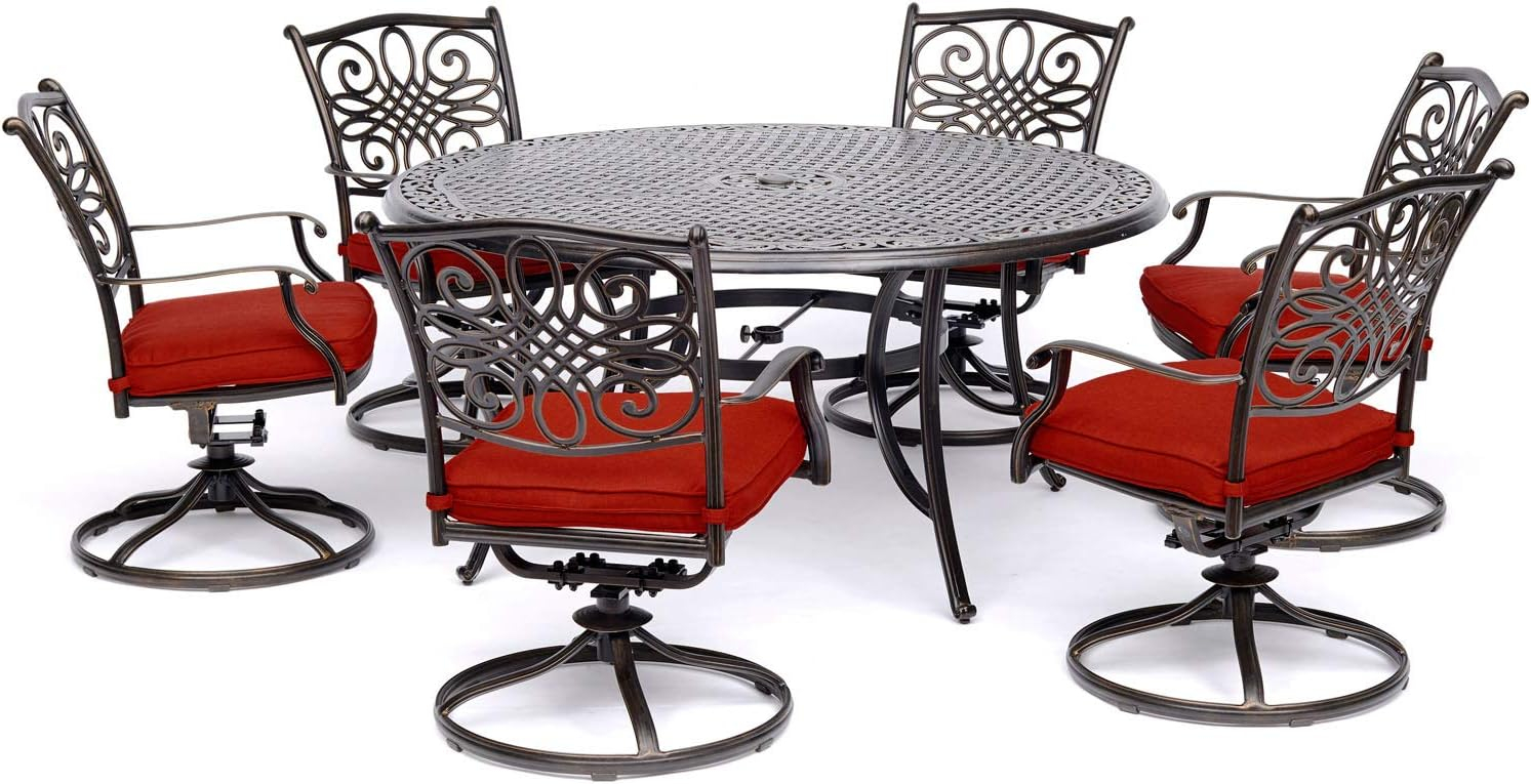 Hanover Traditions 7 Pcs Aluminum Outdoor Dining Set with Cast-top Table, Red