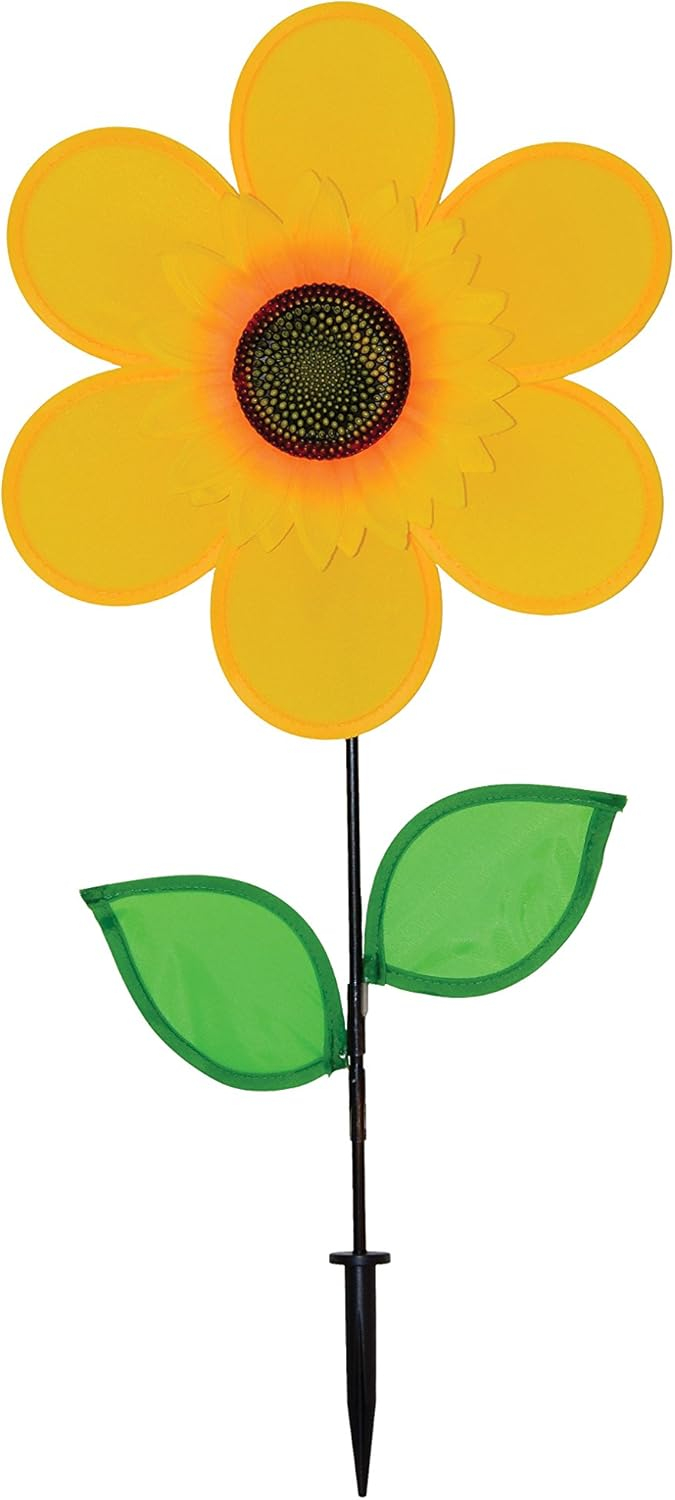 In the Breeze 2791 — 12 Inch Yellow Sunflower Spinner with Leaves — Colorful Flower for Your Yard and Garden