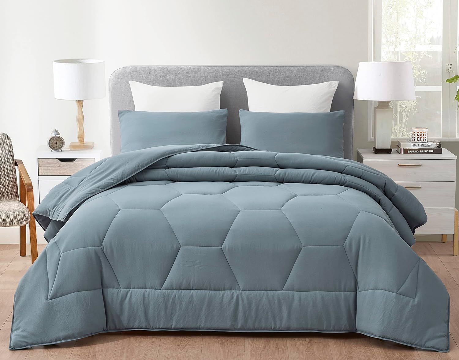 Chezmoi Collection Vero Dusty Blue Comforter Set Oversized Queen Size 3-Piece Fluffy Soft Lightweight Bedding Honeycomb Geometric Stone-Washed Microfiber Comforter Set for All Season