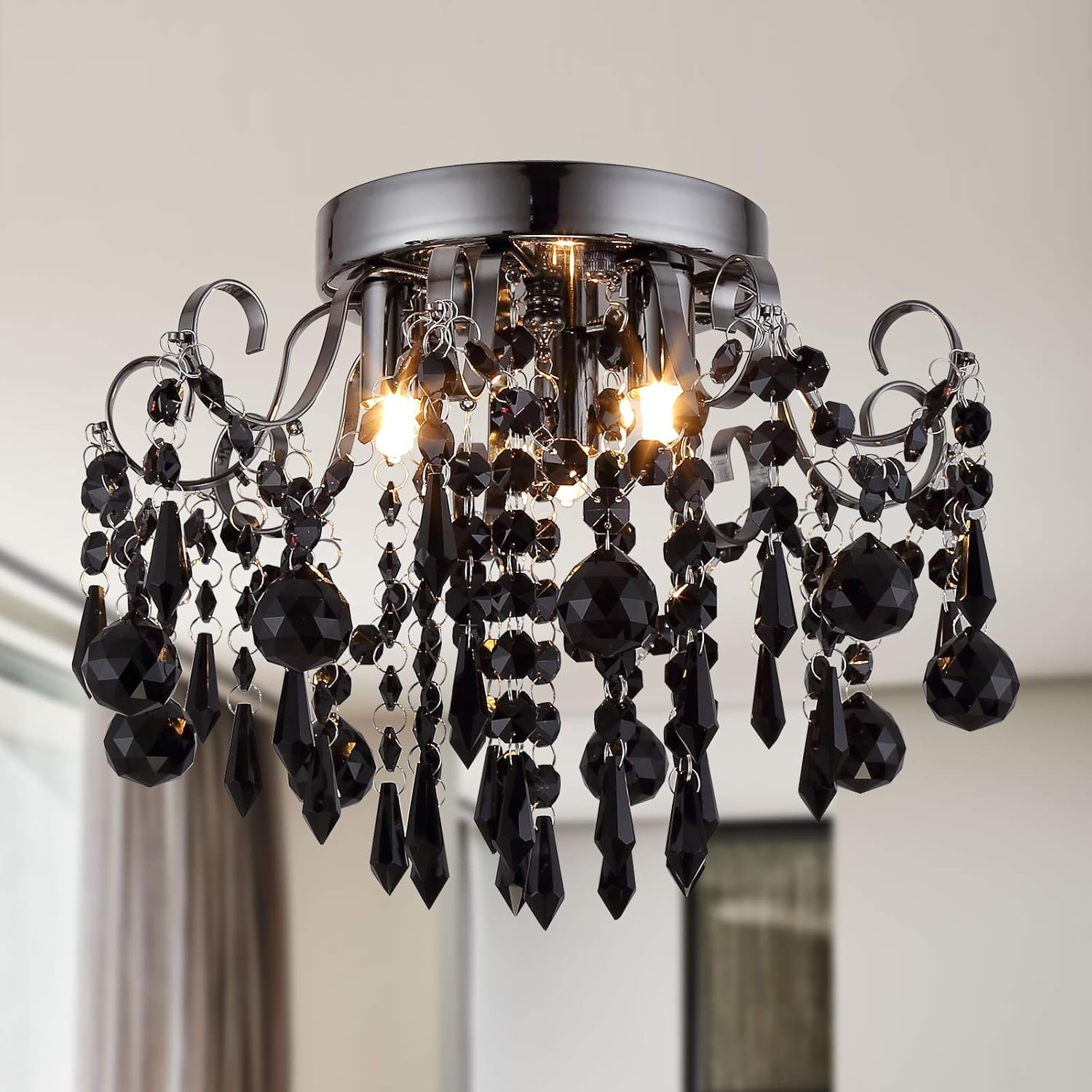 Q&S Small Crystal Chandelier Flush Mount Ceiling Light 3 Lights Modern Chrome Iron Raindrop Crystal Ceiling Fixture for Bedroom Hallway Closet Entryway Stairs