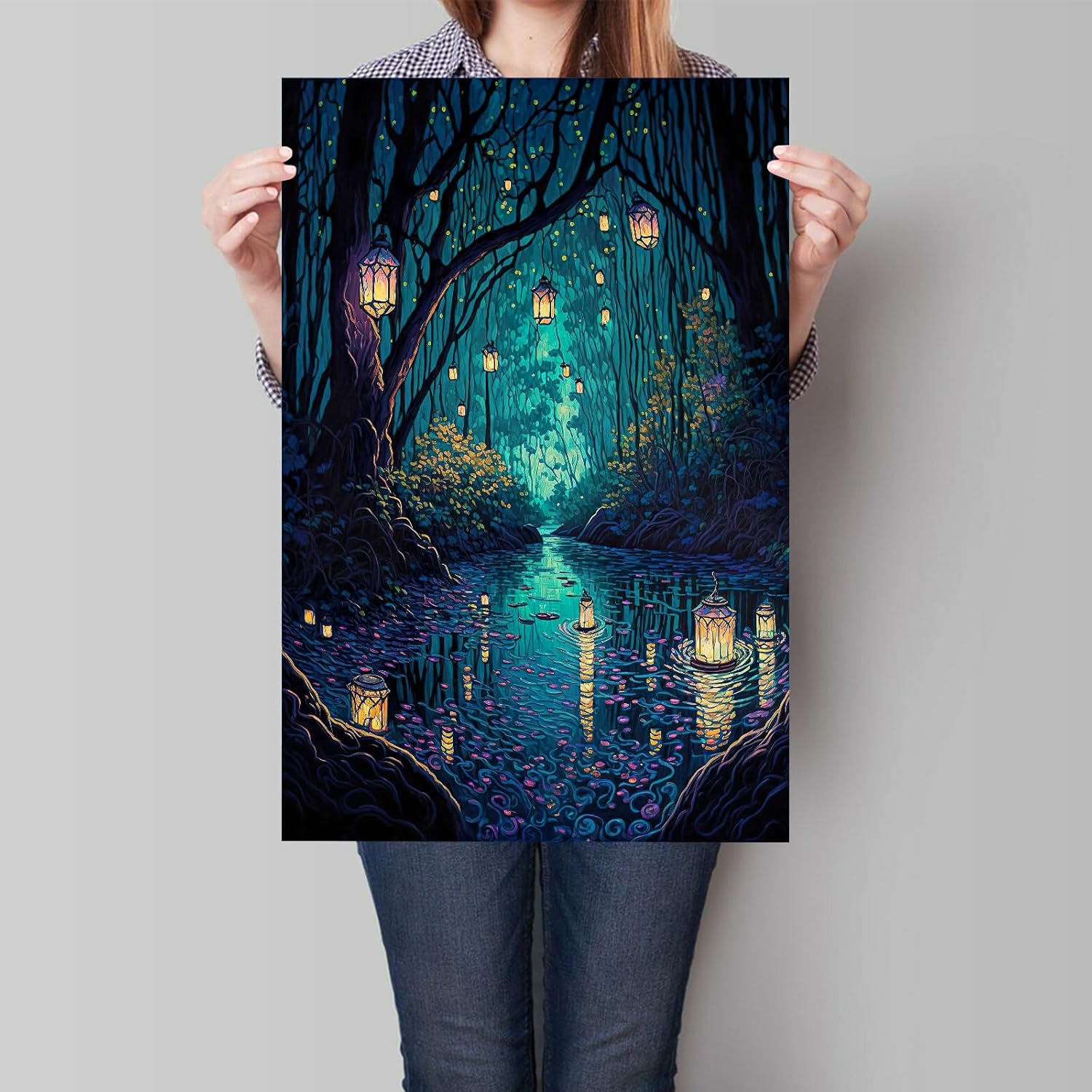 Fantasy Blue Forest Lanterns Canvas Wall Art 16x24