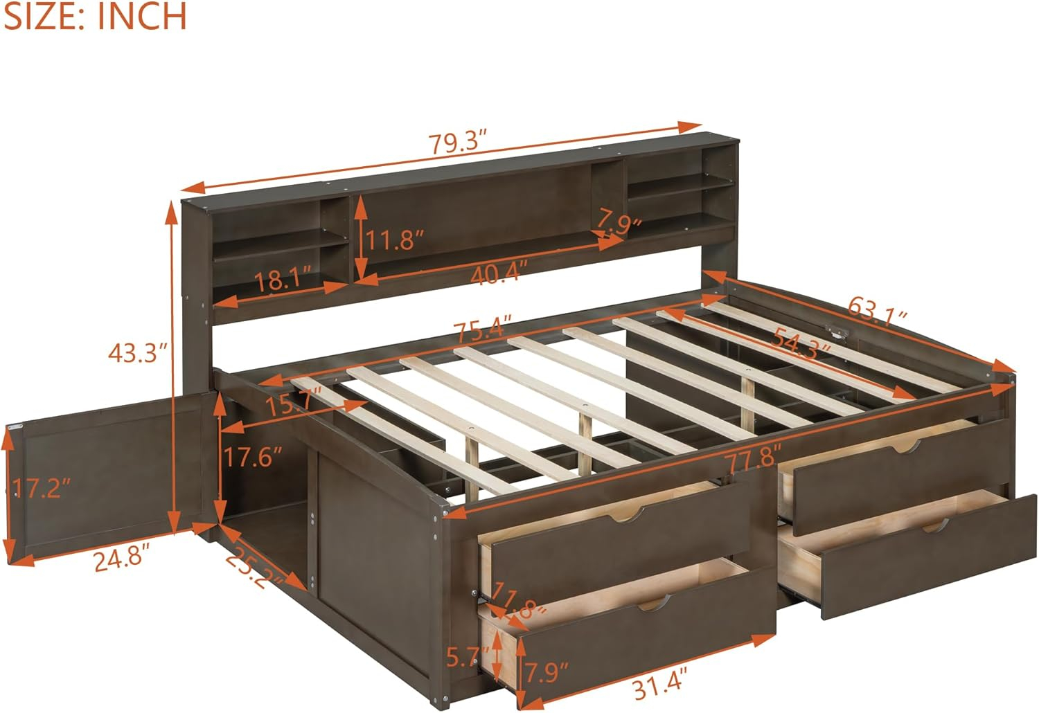 Harper & Bright Designs Full Size Storage Daybed with 4 Drawers, Bookcase and 2 Bedside Cabinets, Solid Wood Full Captain’s Bed Frame for Kids Teens Adults, No Box Spring Needed (Antique Brown)