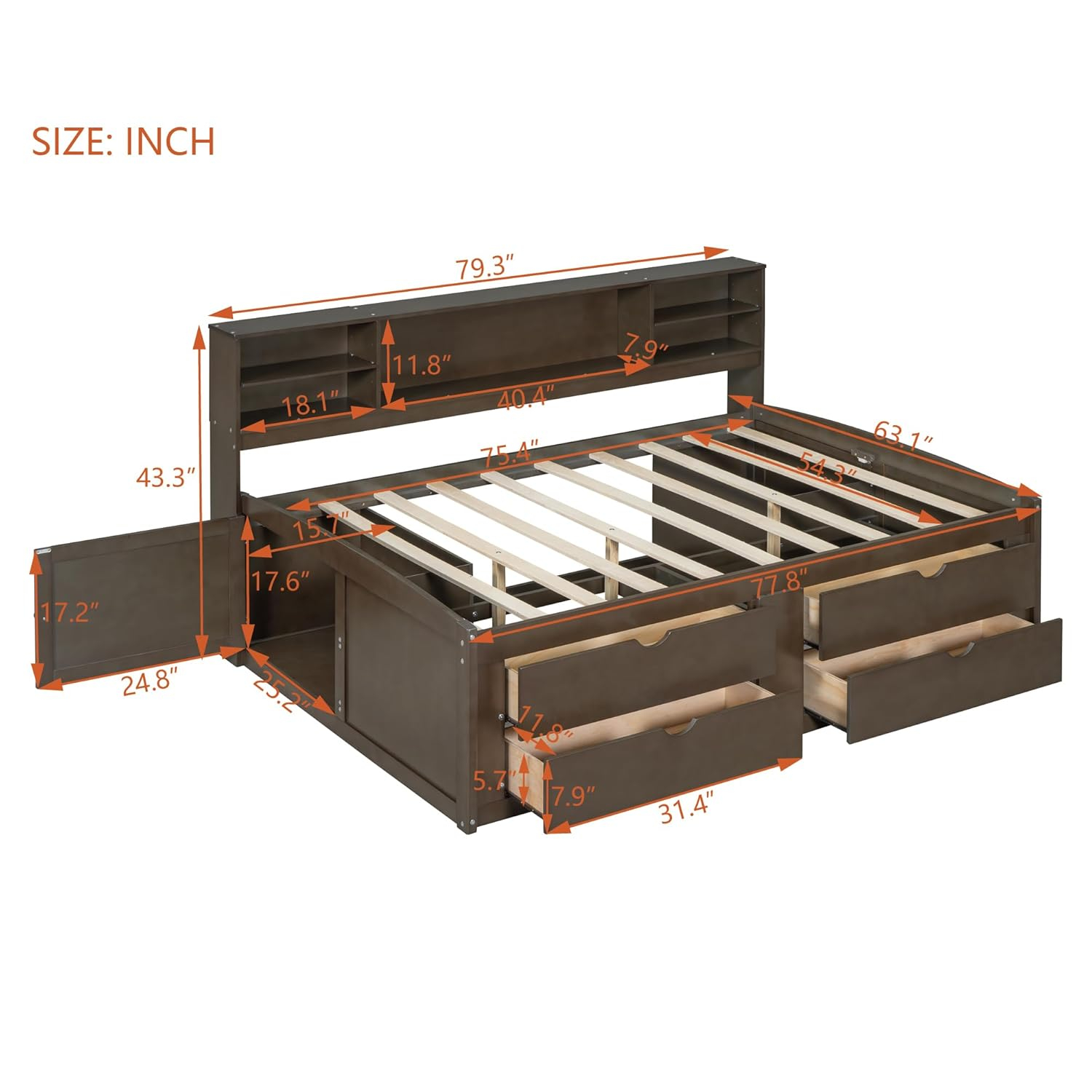 Harper & Bright Designs Full Size Storage Daybed with 4 Drawers, Bookcase and 2 Bedside Cabinets, Solid Wood Full Captain’s Bed Frame for Kids Teens Adults, No Box Spring Needed (Antique Brown)