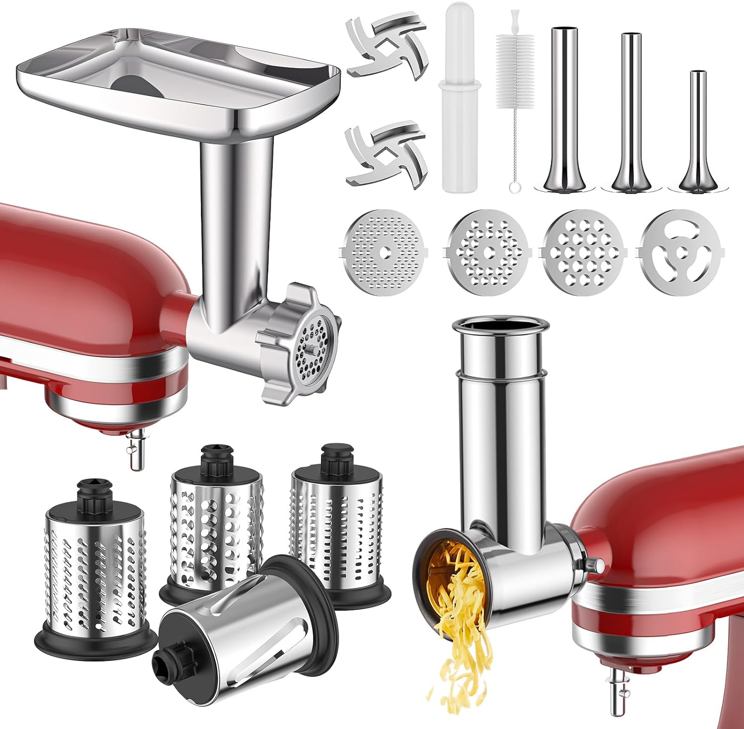 Meat Grinder & Stainless Steel Slicer Shredder Attachment for KitchenAid Stand Mixer, Meat Grinder for Kitchenaid Mixer with Sausage Stuffer Tubes, Cheese Grater Attachment for Kitchenaid Stand Mixer