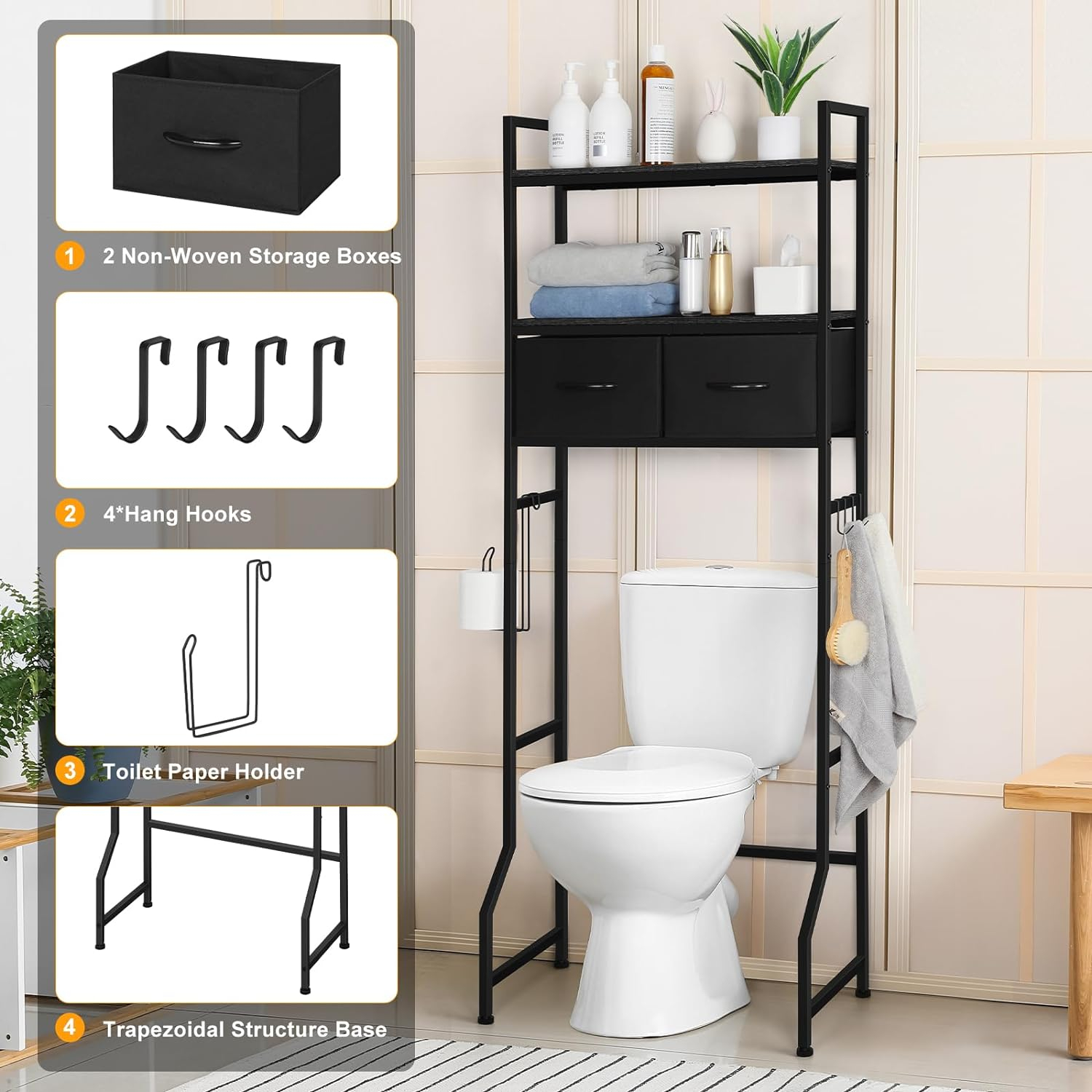 ETELI Over The Toilet Storage Cabinet with Fabric Drawers 3 Tier Freestanding Bathroom Shelf Over Toilet Space Saving Behind Toilet Bathroom Organizer Black