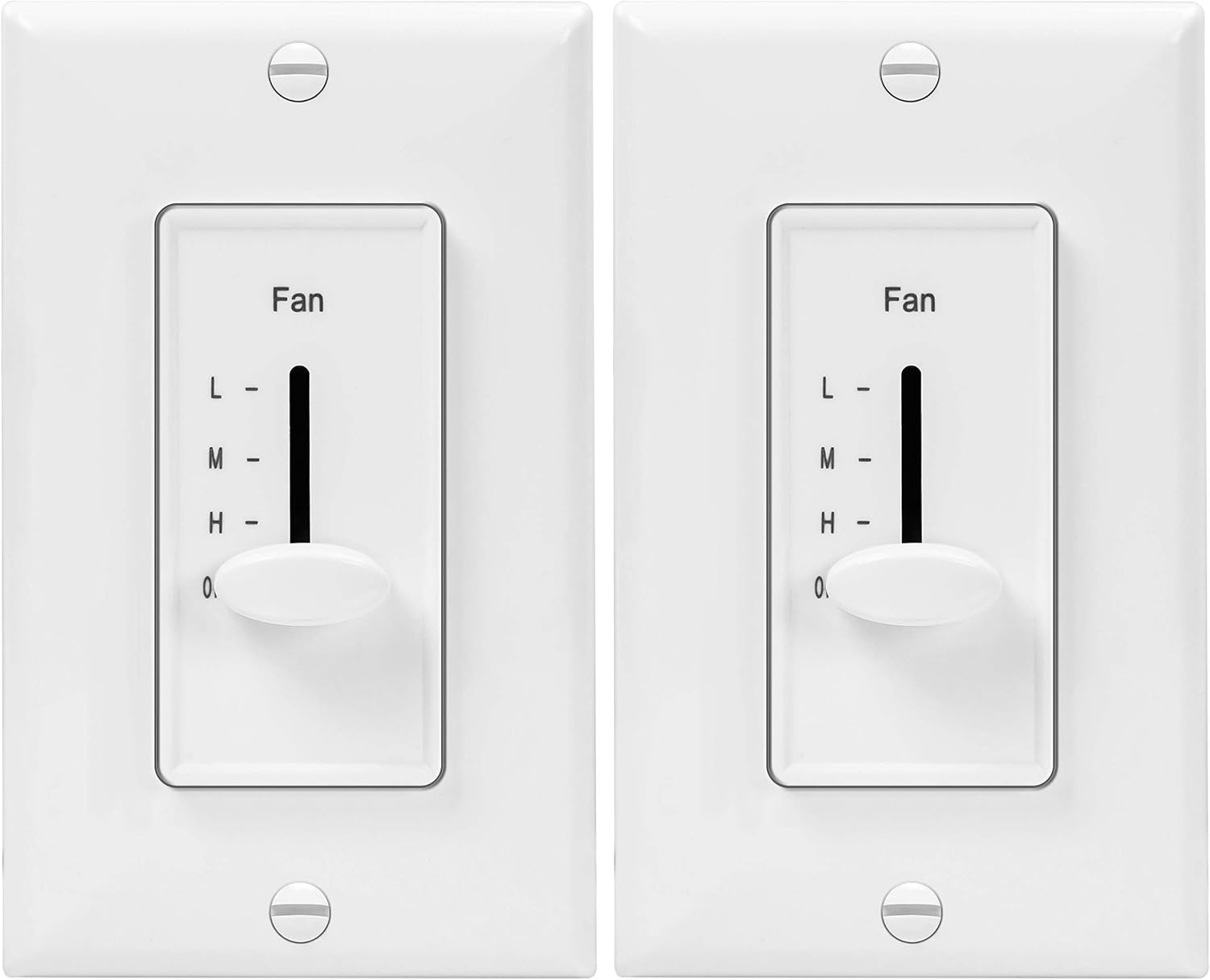 ENERLITES 3 Speed in Wall Ceiling Fan Control, Slide Switch, 120VAC, 2.5A, Single-Pole, Neutral Wire NOT Required, 17000-F3-W2P, White, 2 Pack