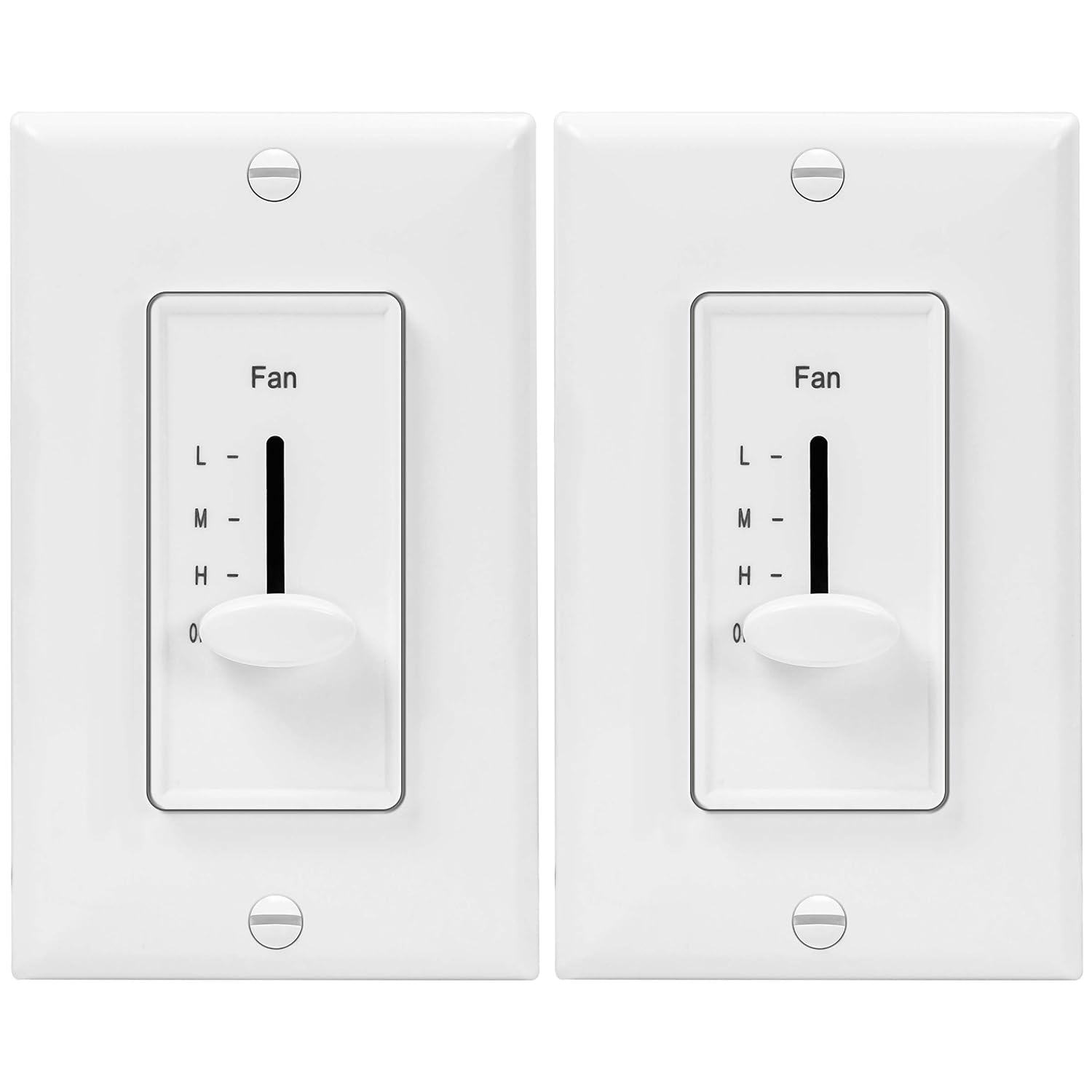 ENERLITES 3 Speed in Wall Ceiling Fan Control, Slide Switch, 120VAC, 2.5A, Single-Pole, Neutral Wire NOT Required, 17000-F3-W2P, White, 2 Pack