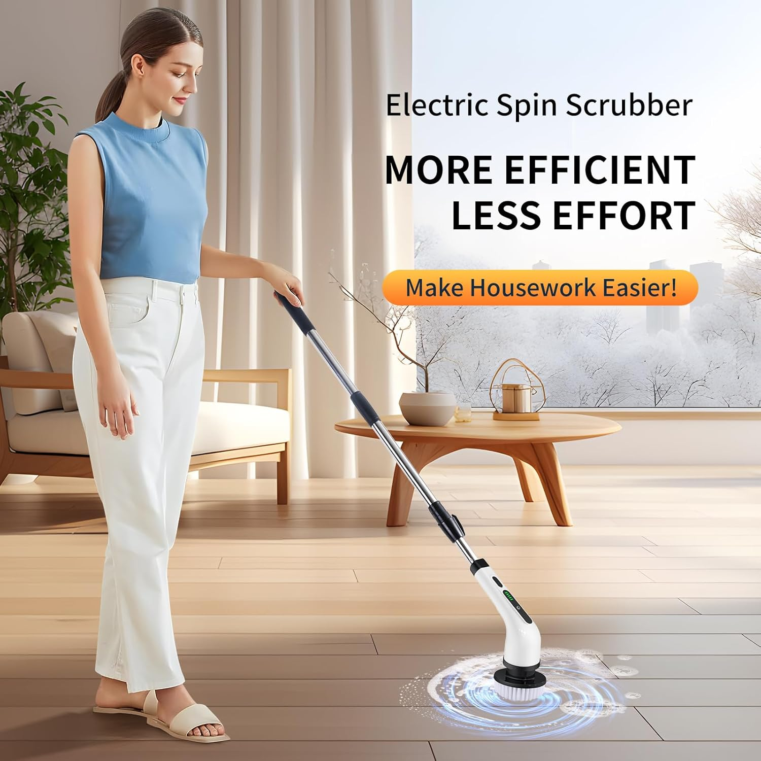 Electric Spin Scrubber, Cordless Cleaning Brush, Shower Cleaning Brush with 9 Brush Heads 2H Power Dual Speed, Adjustable Extension Handle, IPX7 Waterproof for Tub Tile Floor Car, White
