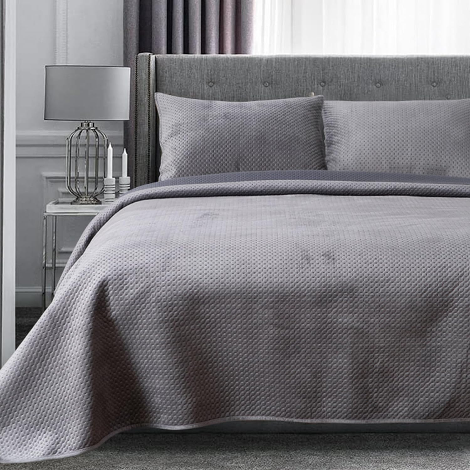 Kasentex  All Season Plush Poly Velvet Lavish Design Quilt Set Soft and Warm Machine Washable Coverlet Grey Queen