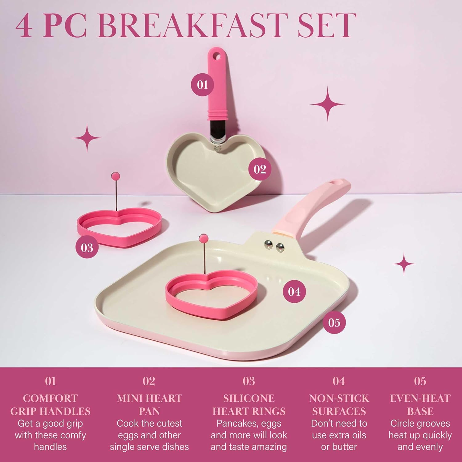 Pink Ceramic Nonstick Breakfast Cookware Set with Heart Shapes, 4-Piece