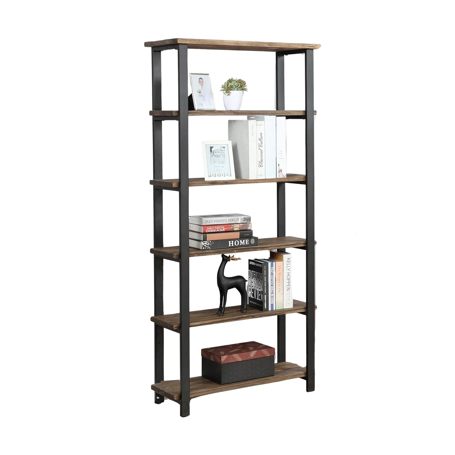 Alaterre Furniture Pomona 70 in. Tall 5-Shelf Solid Pine Wood & Metal Bookcase, Bookshelf for Home Office, Living Room or Bedroom, Natural
