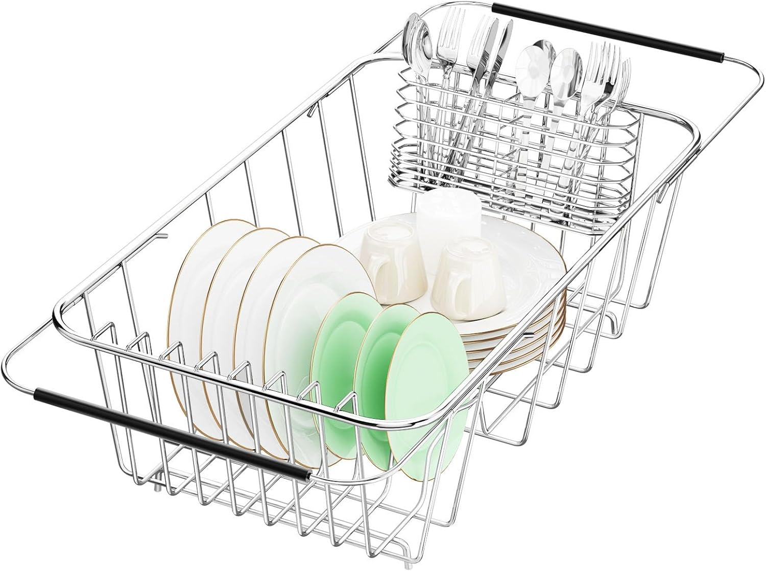 Small Dish Drainer Rack in Sink Adjustable, Expandable Stainless Steel Metal Dish Drying Rack Organizer with Stainless Steel Utensil Holder Over Inside Sink Counter, Rustproof(for 1-2 People)