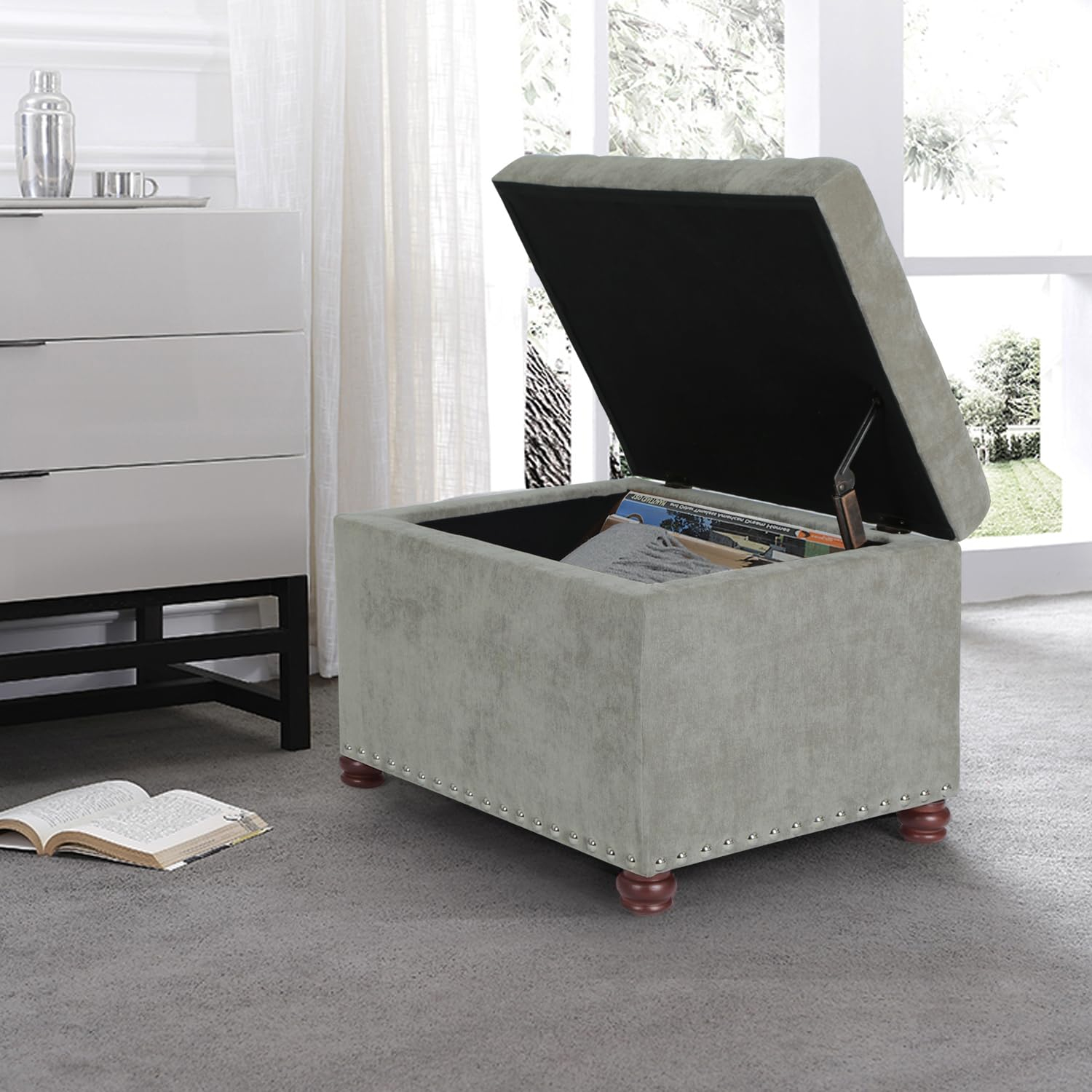 Light Grey Tufted Fabric Storage Ottoman Bench with Nailhead Trim