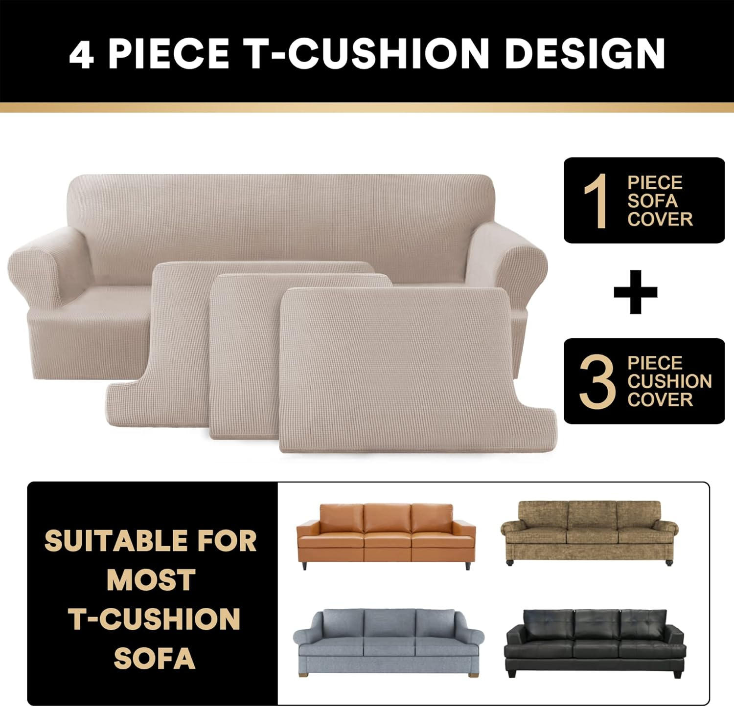 PrinceDeco T Cushion Sofa Slipcover 4 Pieces Sofa Covers for T Cushion Sofa Soft Couch Cover Sofa Slip Covers Furniture Covers with 3 Individual T Cushion Shape Seat Covers Machine Washable, Sand