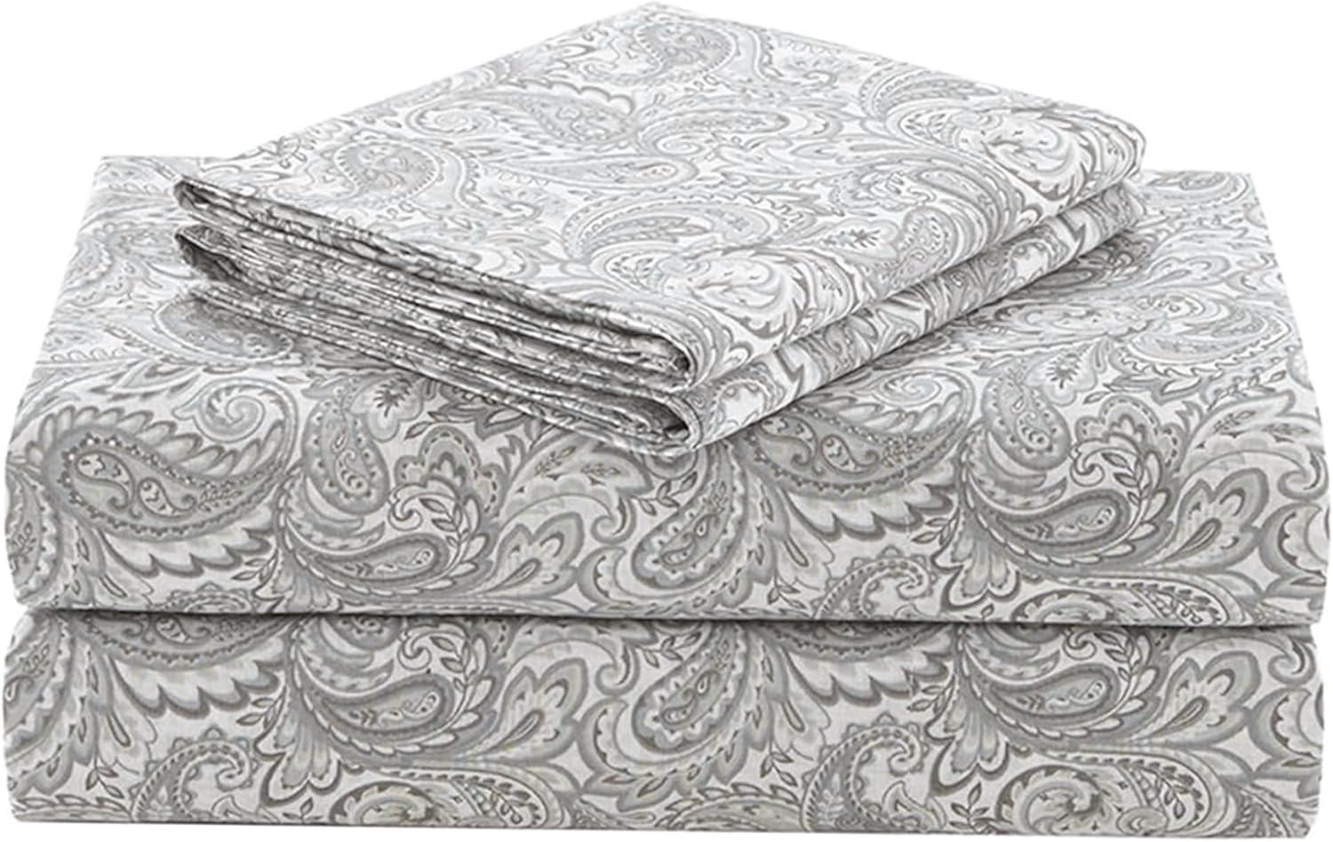 Comfort Spaces 100% Cotton King Sheet Set4-Pieces Gray Paisley Lightweight Breathable All Season Cozy Sheet Set