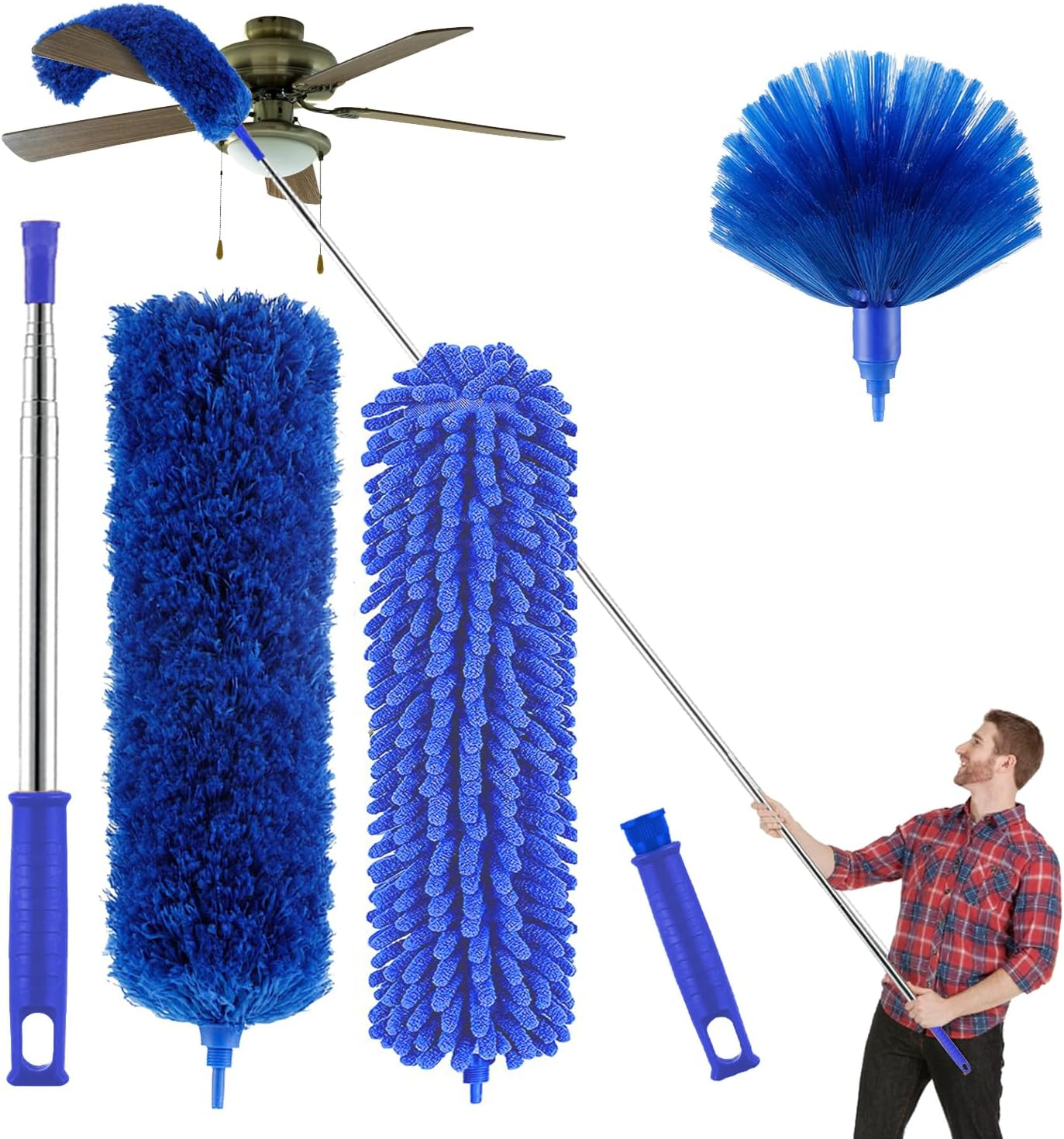 Microfibre Duster with 100" Telescopic Extension Pole Kit for High Ceilings, Cleaning Fan Cobweb, Reusable and Washable Lightweight for Ceiling Fan Webs, Blinds