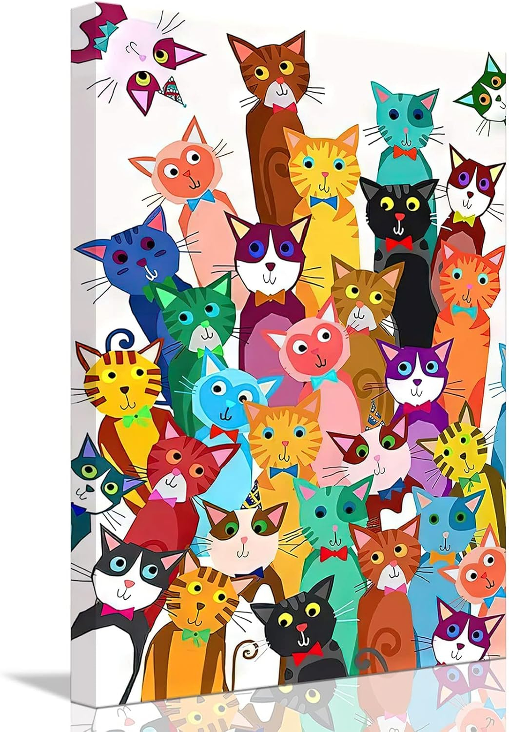 Framed Funny Colorful Cat Wall Art Cartoon Cat Canvas Print Cute Kitten Picture Poster Animals Painting Wall Decor for Bathroom Kid's Bedroom Nursery 12x16Inches