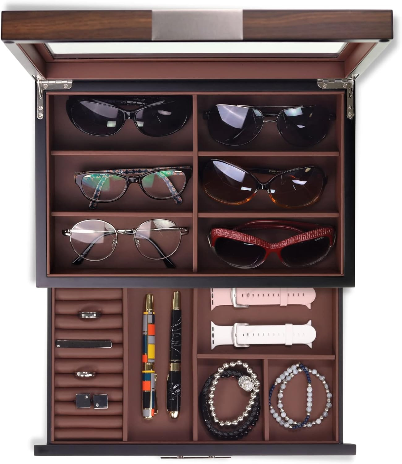 Multi-Purpose Drawer, Sunglasses and Jewelry Box Wooden Storage Organizer with Saddle Brown Leather (Coffee Lover)