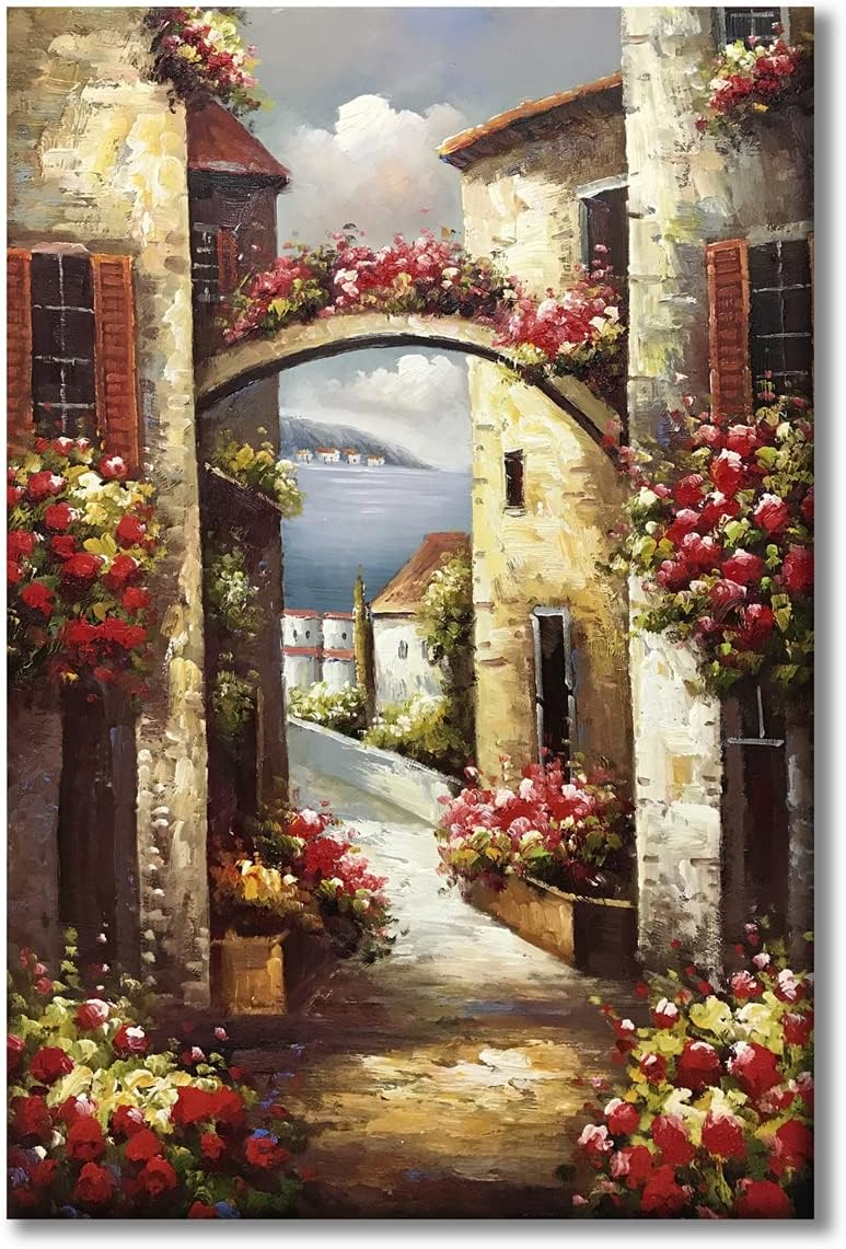 Paimuni 100% Hand Painted Canvas Wall Art Italy Town Mediterranean Tuscany Sea Coast Flowers Oil Painting Stretched and Framed Ready to Hang Landscape Scenery Wall Decor 24x36 Inch