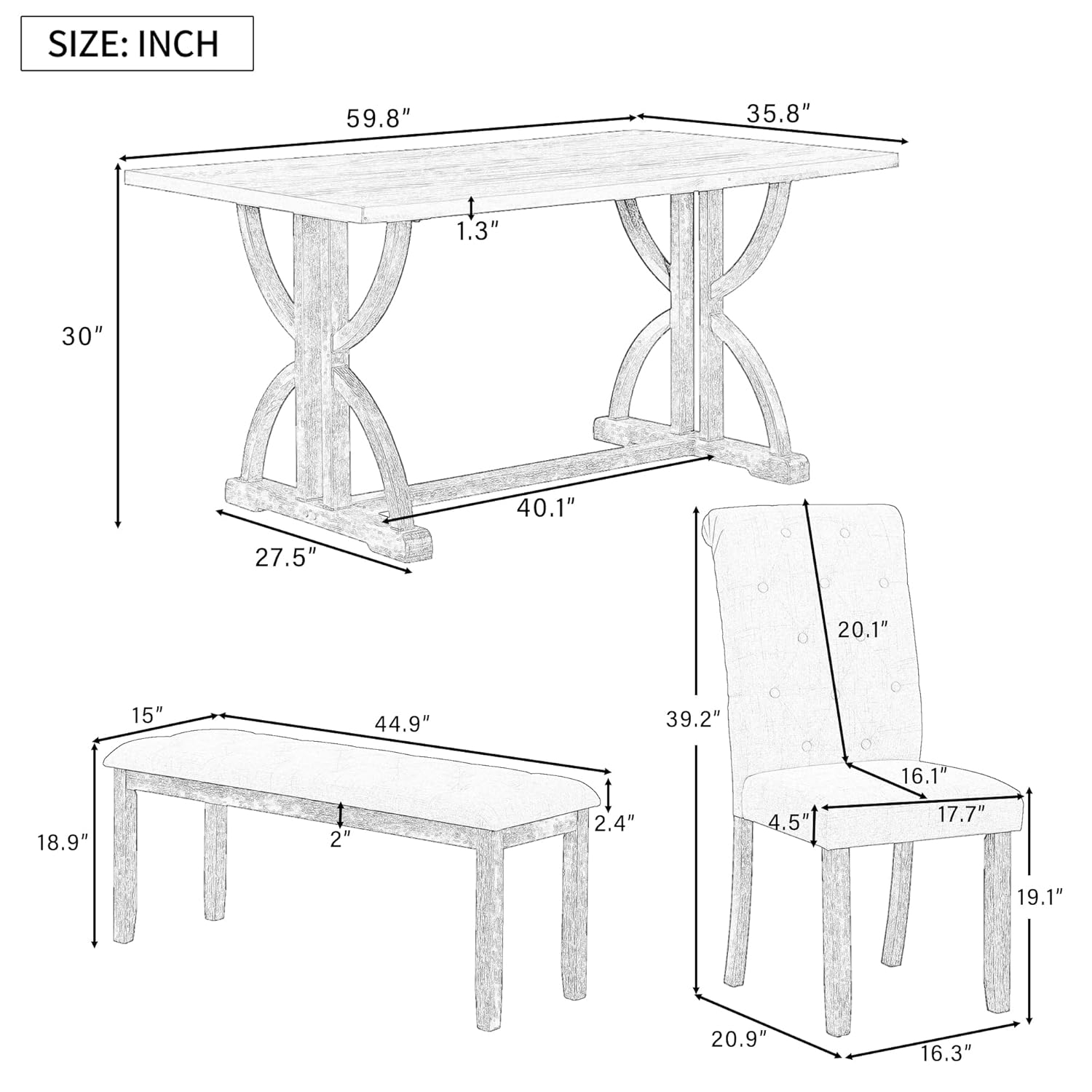 6-Piece Retro Dining Table Set, Rubber Wood Rectangular Table with Unique Legs and 4 Upholstered Chairs & 1 Bench for Dining Room and Kitchen (Gray Wash)