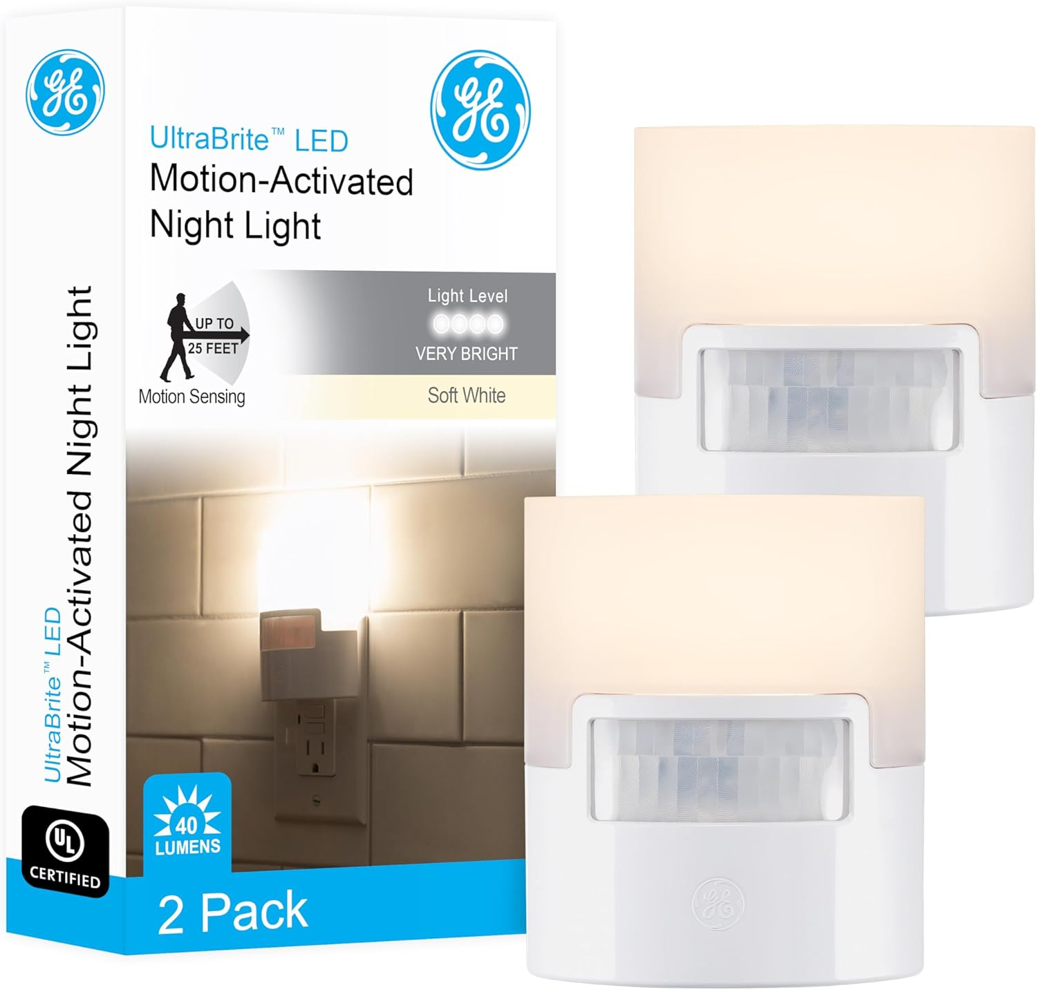 GE Motion Activated Soft White LED Night Lights, 2 Pack, Plug in, 3.63 in, 46632-P1