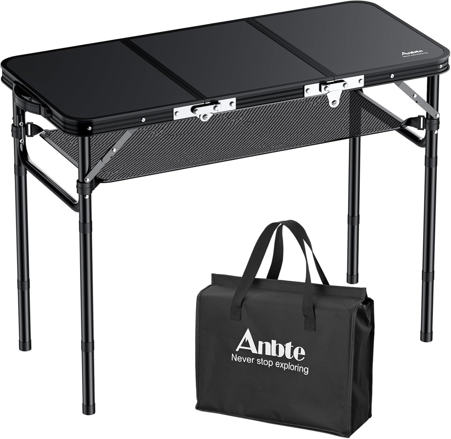 Black Aluminum Folding Camping Table with Adjustable Heights and Storage Net