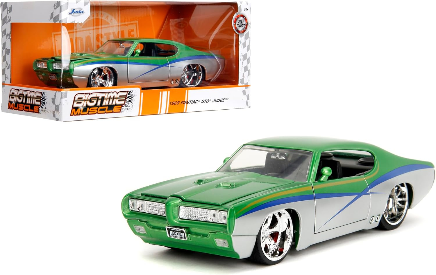 1969 Pontiac GTO Judge Green Metallic and Silver with Stripes "Bigtime Muscle" Series 1/24 Diecast Model Car by Jada(Selections May Vary)