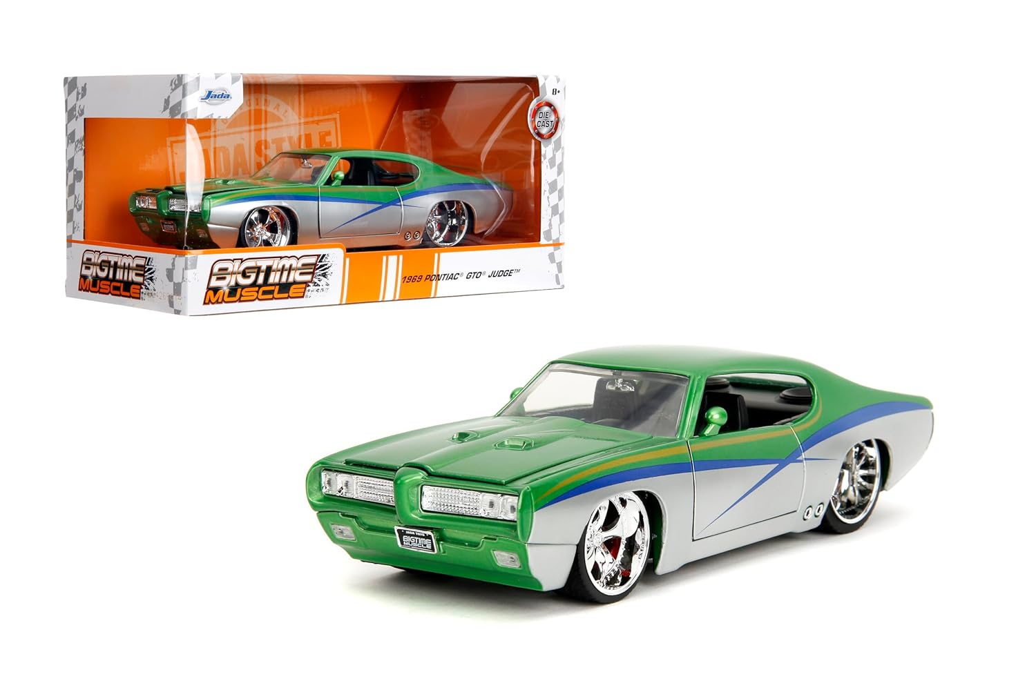 1969 Pontiac GTO Judge Green Metallic and Silver with Stripes "Bigtime Muscle" Series 1/24 Diecast Model Car by Jada(Selections May Vary)