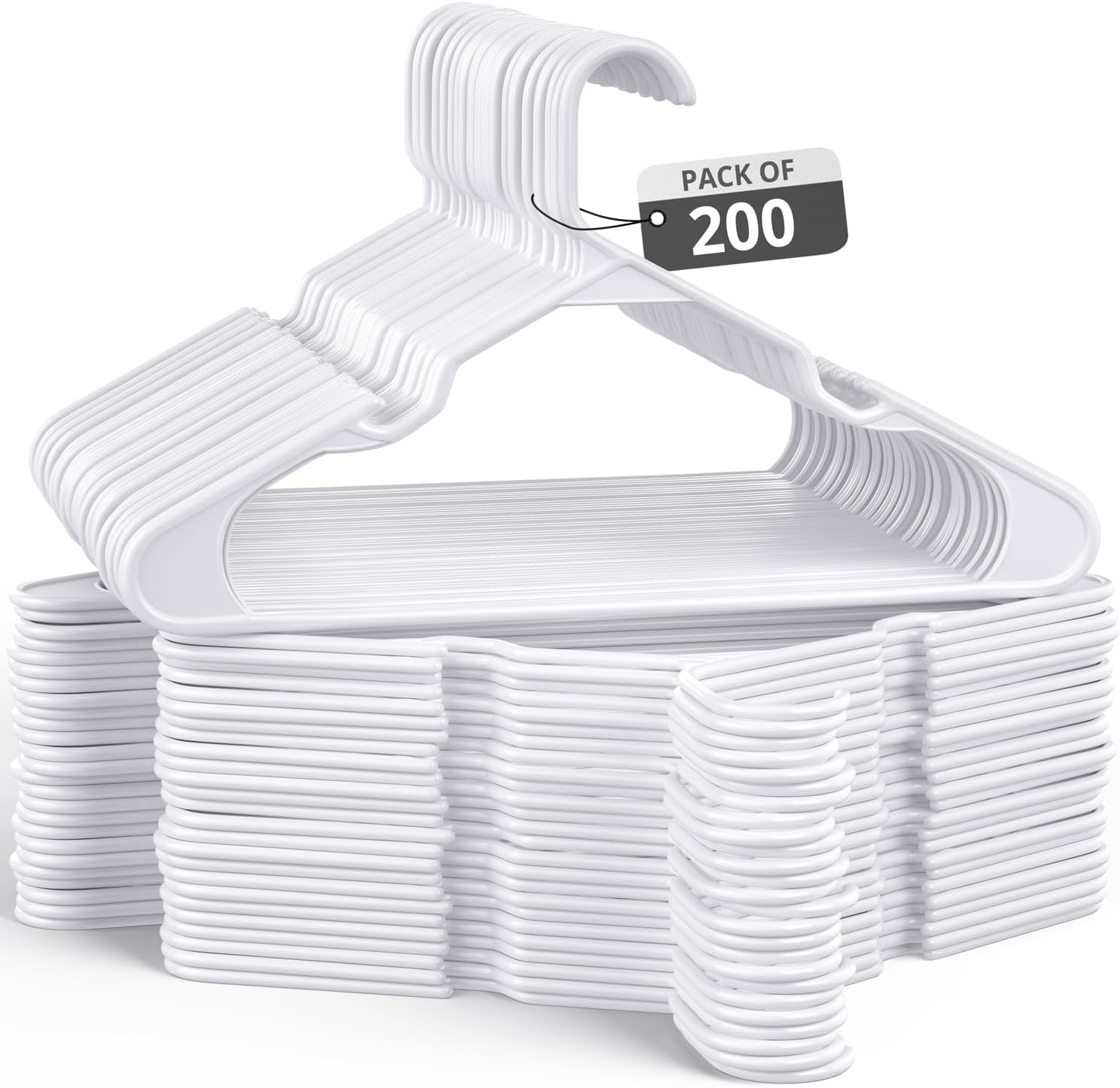 200 Pack Plastic Hanger for Shirt Pants Coats Dresses Skirts Suits Jackets - Standard Thick Coat Hanger - Sturdy & Durable Design with Shoulder Grooves Hook - White